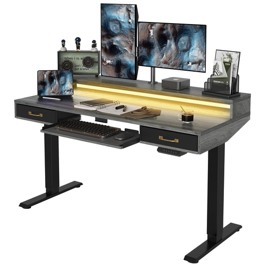 FEZIBO Stehtisch mit 2 Schubladen & Tastaturablage, 140 x 60 cm Sitz-Steh-Schreibtisch mit Monitorständer & LED-Streifen, Rustikal Grau