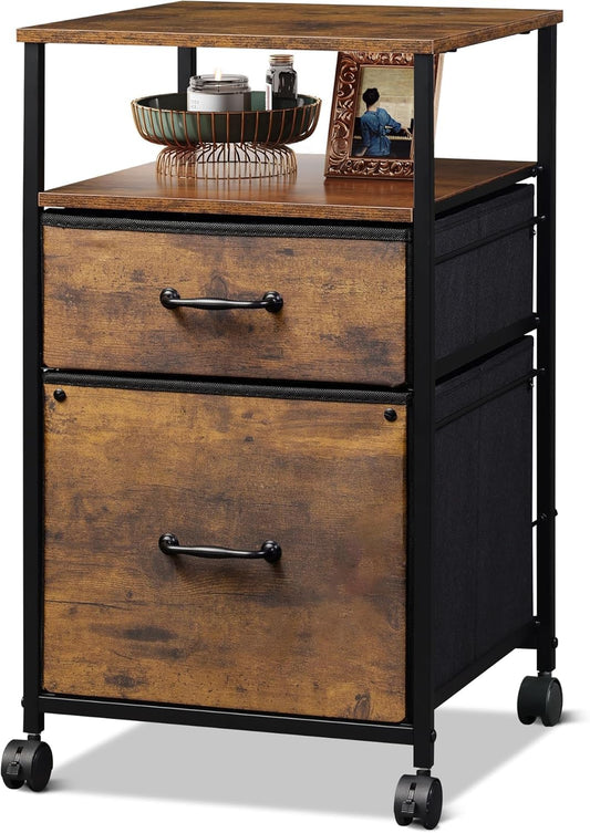 DEVAISE Rollcontainer, Aktenschrank mit 2 Schubladen und Offenes Fach, Büroschrank mit Feststellbaren Rädern, für A4/Legal/Letter, Vintagebraun-Schwarz