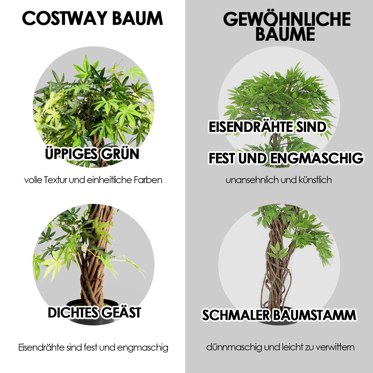 COSTWAY Künstliche Pflanzen Groß 160 cm, Kunstpflanze im Topf, Kunstbaum wie echt, Zimmerpflanze mit Naturholzstamm, für Zuhause, Büro