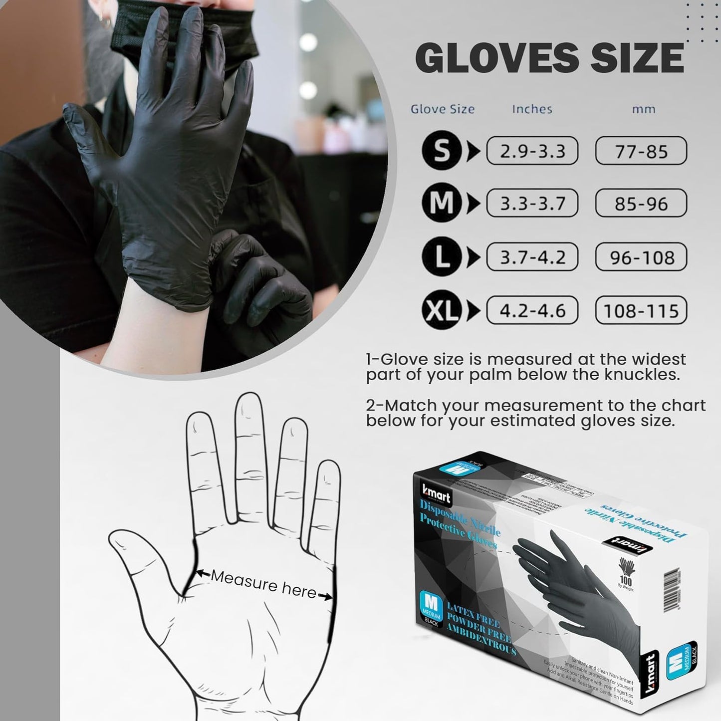 K-MART Einweghandschuhe, Schwarze Nitrilhandschuhe - 100 Stück Handschuhe, Puderfrei & Latexfrei Handschuhe Einweg, Einmalhandschuhe für Küche, Reinigung, und Medizin