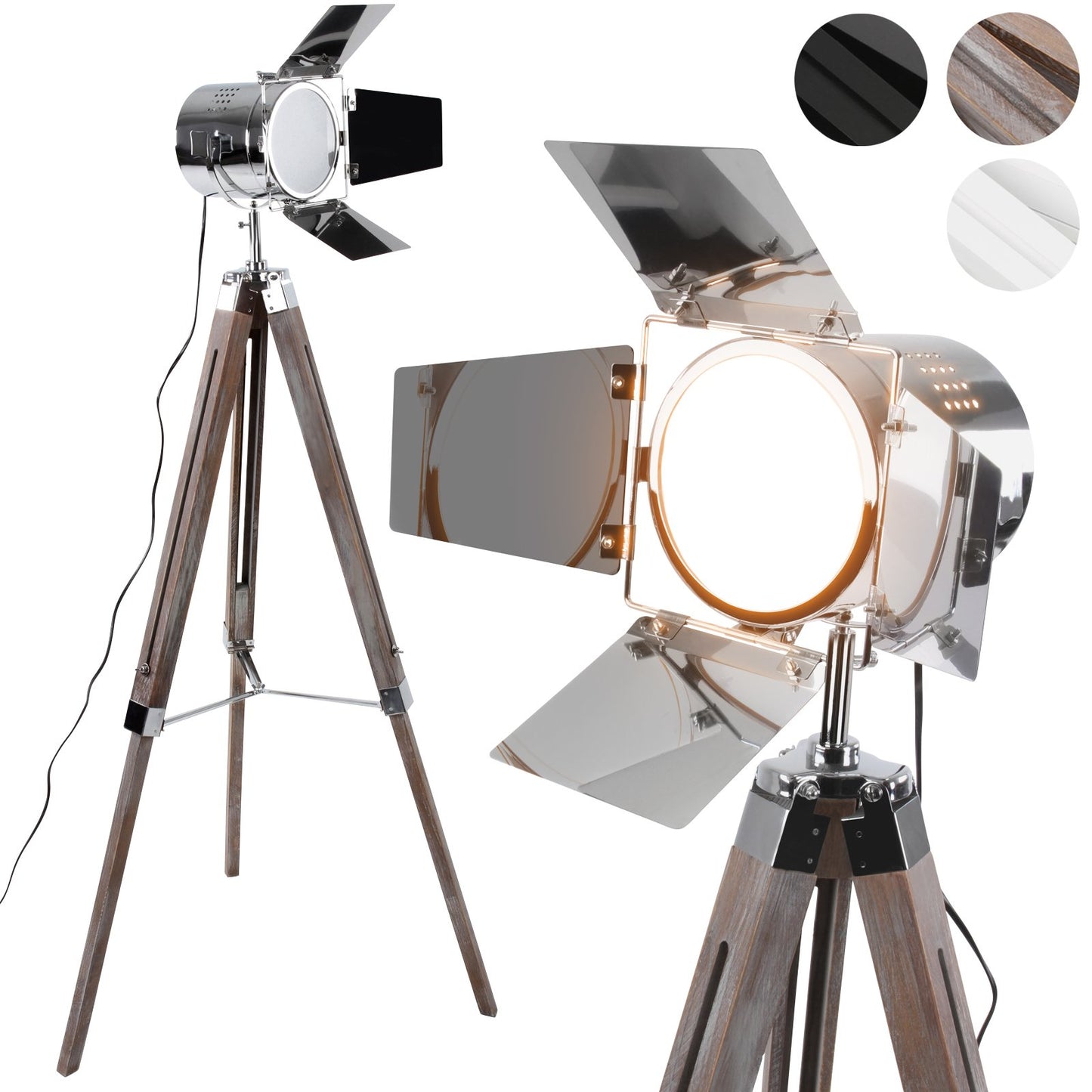 Jago® Stehlampe mit Stativ aus Holz - LED, E27, Höhenverstellbar max. 148 cm, Vintage, Farbwahl - Tripod Lampe, Dreifuss Stehleuchte, Standleuchte, Studiolampe (Antikes Holz)