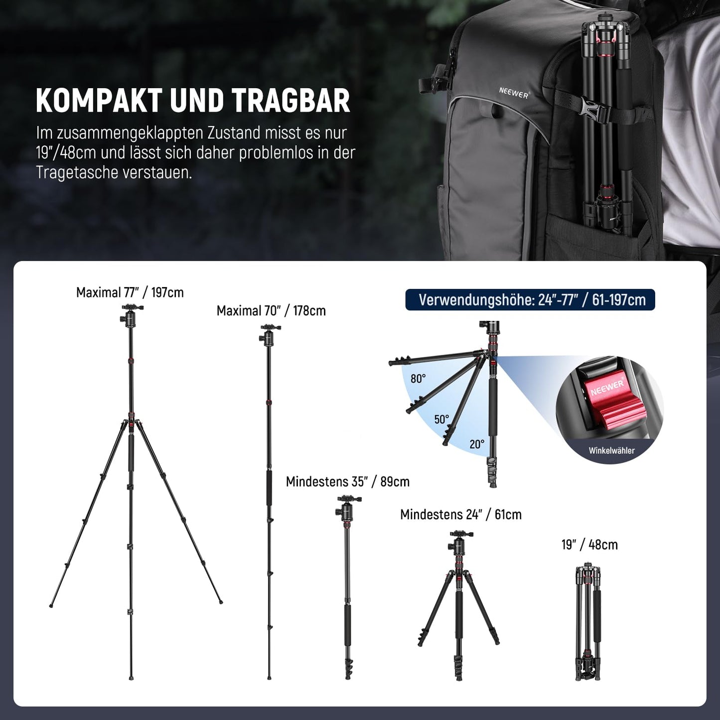 NEEWER 77" Kamerastativ Einbeinstativ für DSLR, Telefon mit 360° Panoramakugelkopf, 2 Achsen Mittelsäule, Arca Typ QR Platte, kompaktes Aluminium Leichtgewicht Reisestativ 34lb(Max), Tasche inklusive