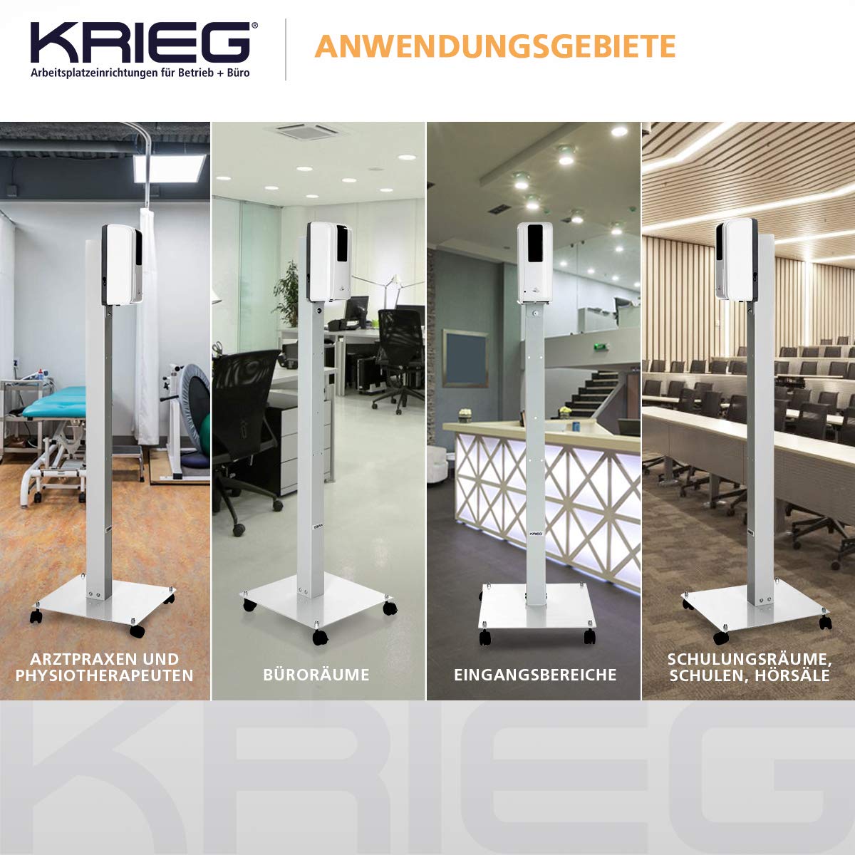 KRIEG Desinfektionssäule mit Sensor I Grau I Kontaktlos Hygienestation 1000 ml - 333 Sprühstöße I Desinfektionsstation freistehend, stabil, höhenverstellbar, automatisch I Hygienesäule Ready to go
