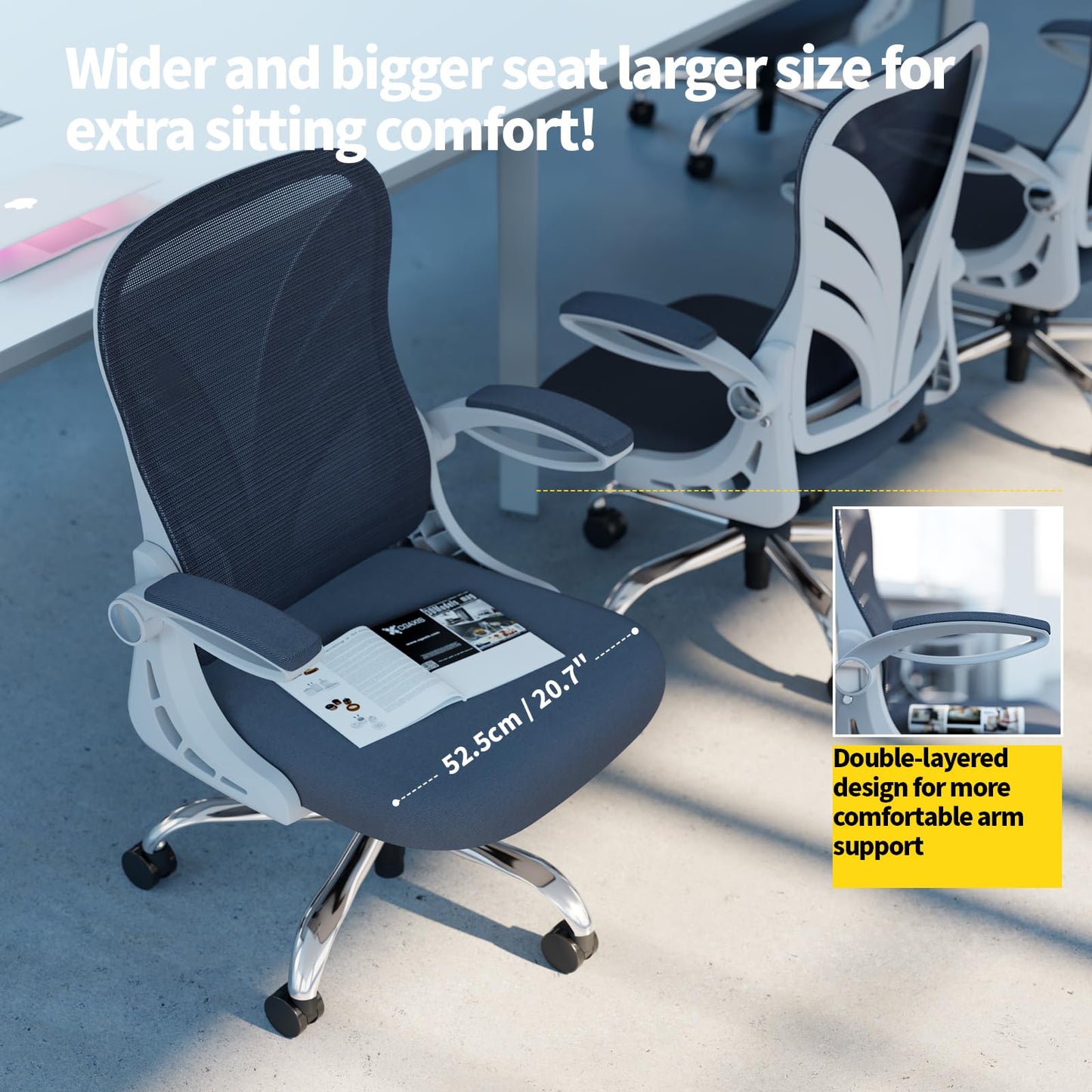 HOLLUDLE Ergonomischer Bürostuhl mit Klappbarer Rückenlehne, Schreibtischstuhl mit Erweitertem Sitz(52 cm), Hochklappbaren Armlehnen und Mesh Lendenwirbelstütze Drehstuhl Computerstuhl, Weiß
