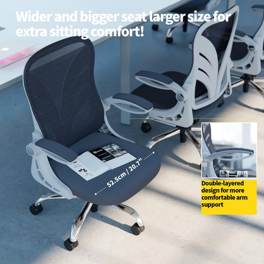 HOLLUDLE Ergonomischer Bürostuhl mit Klappbarer Rückenlehne, Schreibtischstuhl mit Erweitertem Sitz(52 cm), Hochklappbaren Armlehnen und Mesh Lendenwirbelstütze Drehstuhl Computerstuhl, Weiß