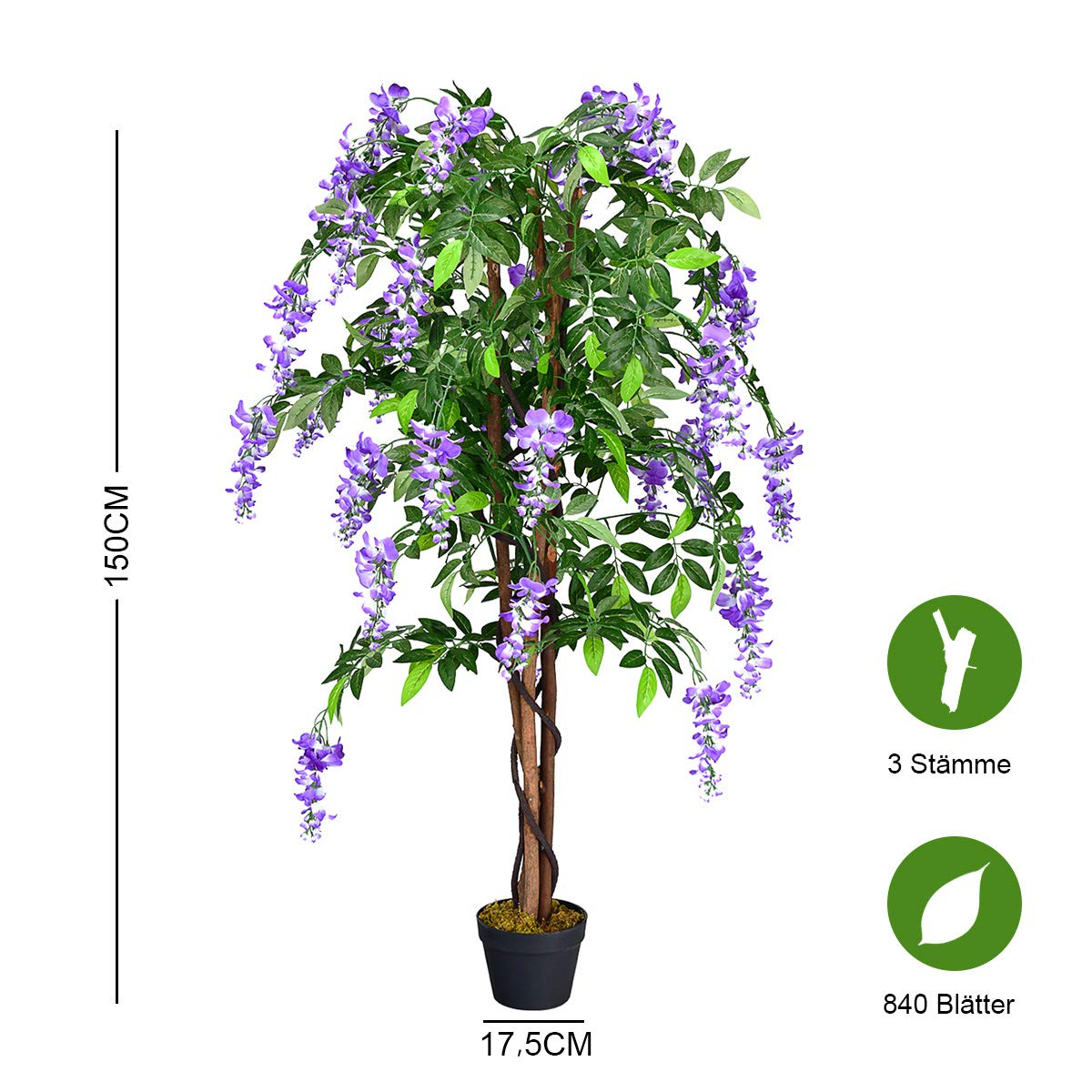 COSTWAY Kunstbaum mit Blüten, Kunstpflanze im Topf, Zimmerpflanze mit natürlichen Blättern & 3 Stämmen, Künstlicher Baum Kunstblume Lila, Dekopflanze künstlich, Zimmerpflanze Grünpflanze 150 cm