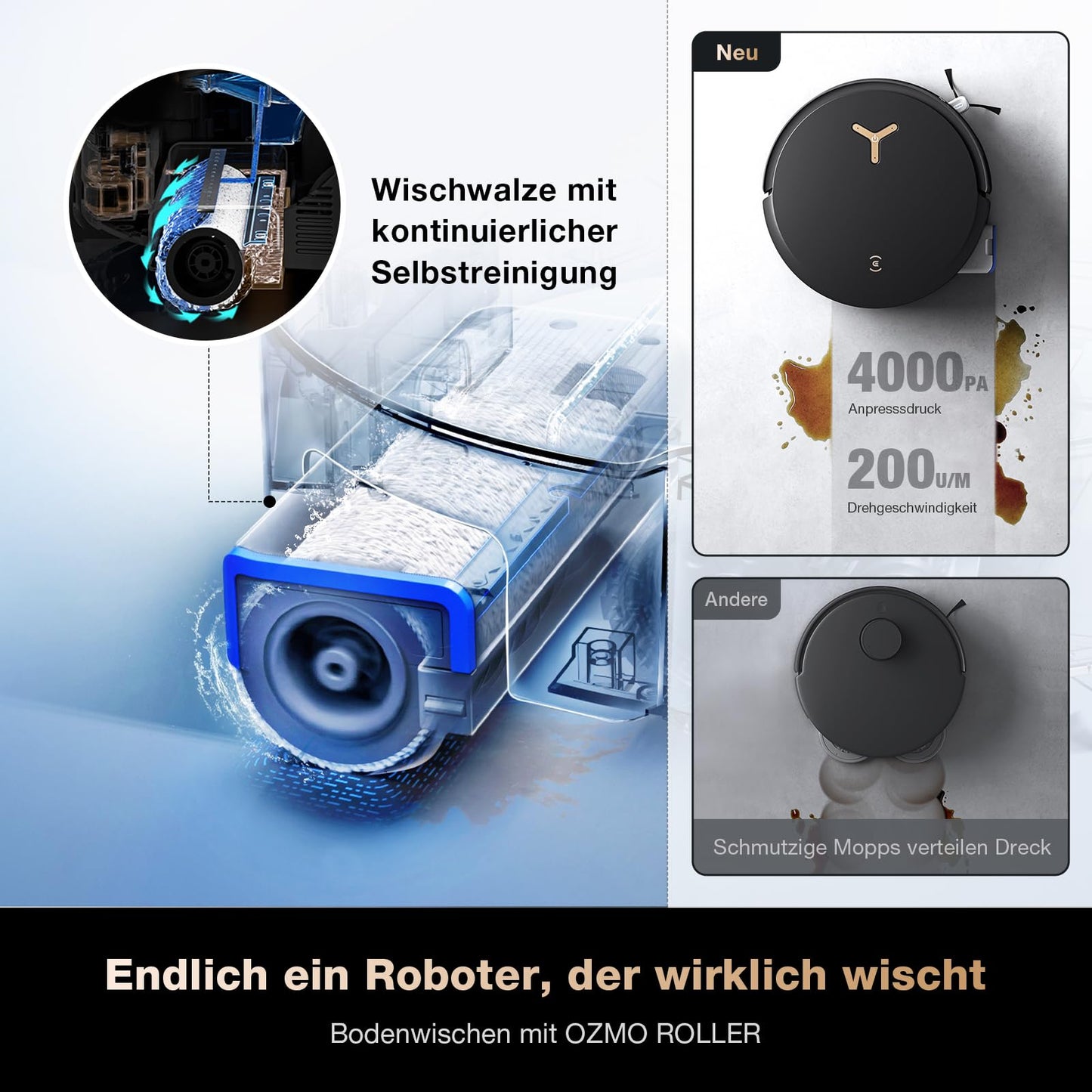 ECOVACS DEEBOT X8 PRO Omni Saugroboter mit Wischfunktion, 18.000 Pa, OZMO Roller Wischwalze mit kontinuierlicher Selbstreinigung, Moppreinigung mit Heißwasser 40–75 °C, autom. Reinigungsmittelzugabe