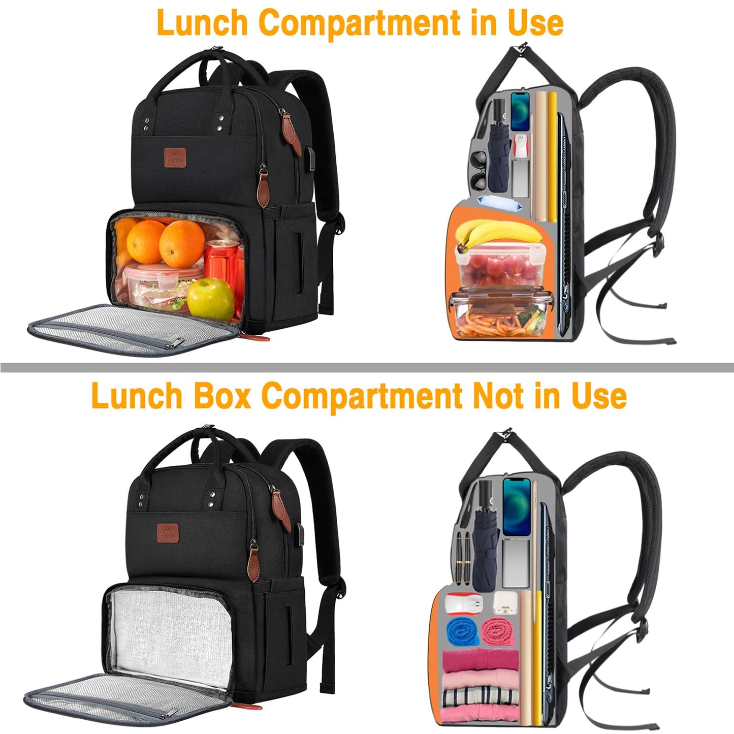 MATEIN Lunch Rucksack, Laptop Rucksack Herren 15,6 Zoll mit Isoliertes Kühlfach, Kühlrucksack mit USB Ladeanschluss, Wasserdicht Kühltasche Lunch Tasche Damen Reisen Arbeit, Schwarz