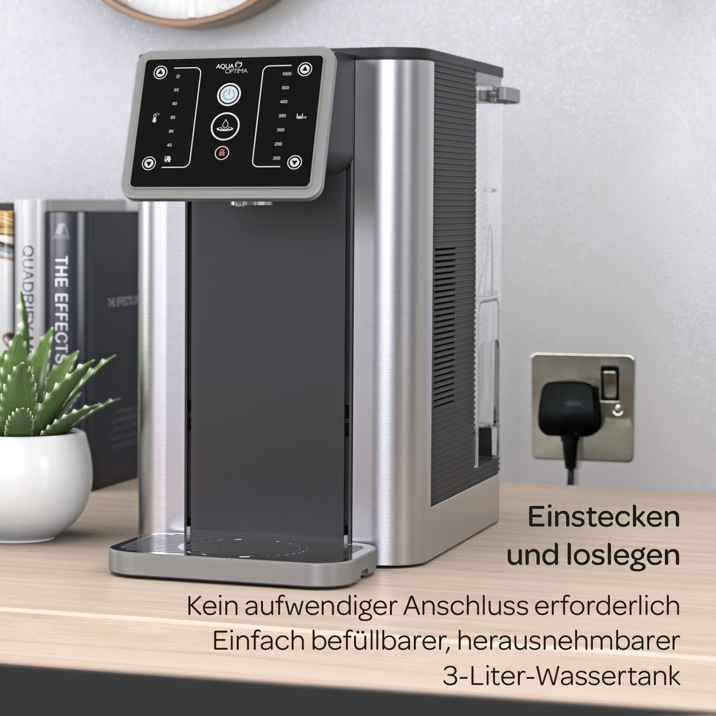 Aqua Optima Aurora Instant-Heißwasserspender, 3,8 Liter Fassungsvermögen, 49 Volumen- und Temperaturoptionen, mit Wasserfilter zur Reduzierung von Mikroplastik Verunreinigungen, Schwarz & Silber