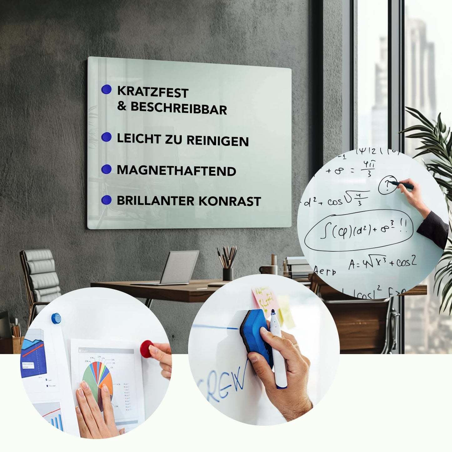 Floordirekt Glasboard magnetisch & beschreibbar, Glas-Whiteboard inkl. 5 Magnete - Magnettafel für die Wand - Schreibtafel Magnetwand Tafel Pinnwand Memoboard für Küche (Weiß, 65 x 100 cm)