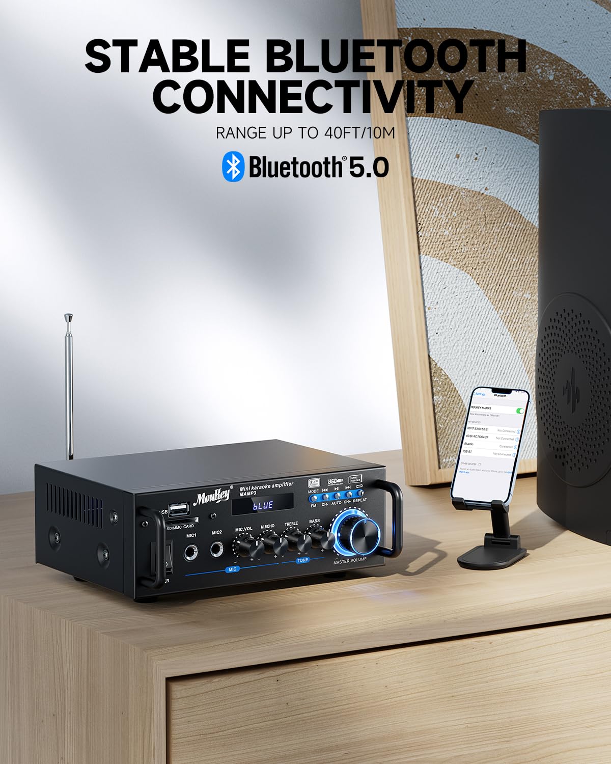 Moukey 2.0 Kanal Stereo Bluetooth Karaoke Verstärker, 100W Stereo Audio Verstärker Empfänger, Verstärker HiFi mit RCA, USB, SD, 2 Mic Eingänge, FM Radio für Auto oder Zuhause, MAMP3