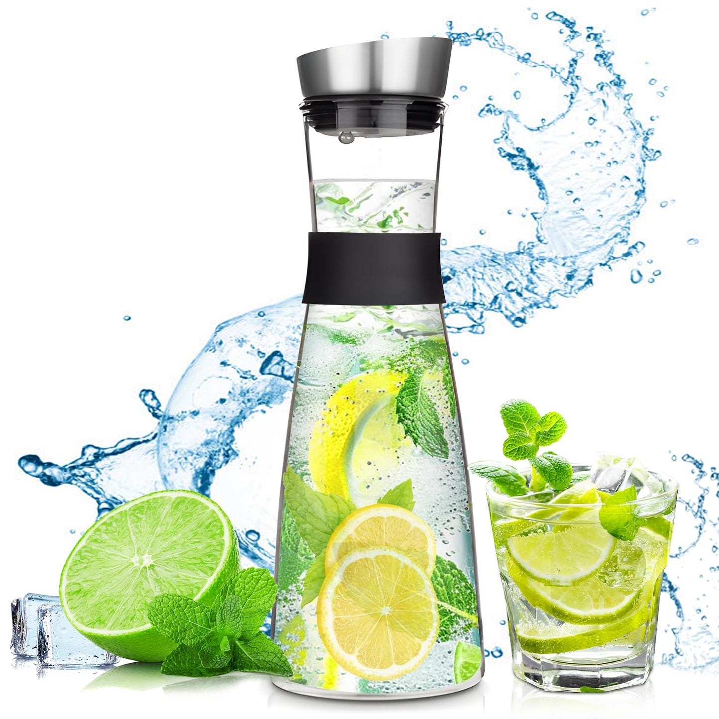 FAMKEEP Glas Karaffe,1200 ML Karaffe mit Deckel aus Edelstahl,Wasserkaraffe,Saft Krug,Glaskaraffe Benutzt für Eistee Heißes Kaltes Wasser Milch Kaffee Wein