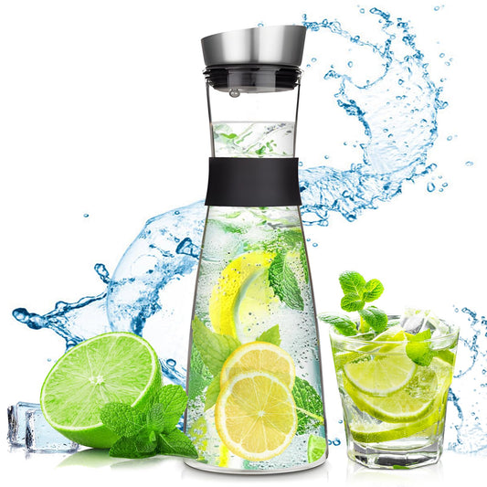 FAMKEEP Glas Karaffe,1200 ML Karaffe mit Deckel aus Edelstahl,Wasserkaraffe,Saft Krug,Glaskaraffe Benutzt für Eistee Heißes Kaltes Wasser Milch Kaffee Wein