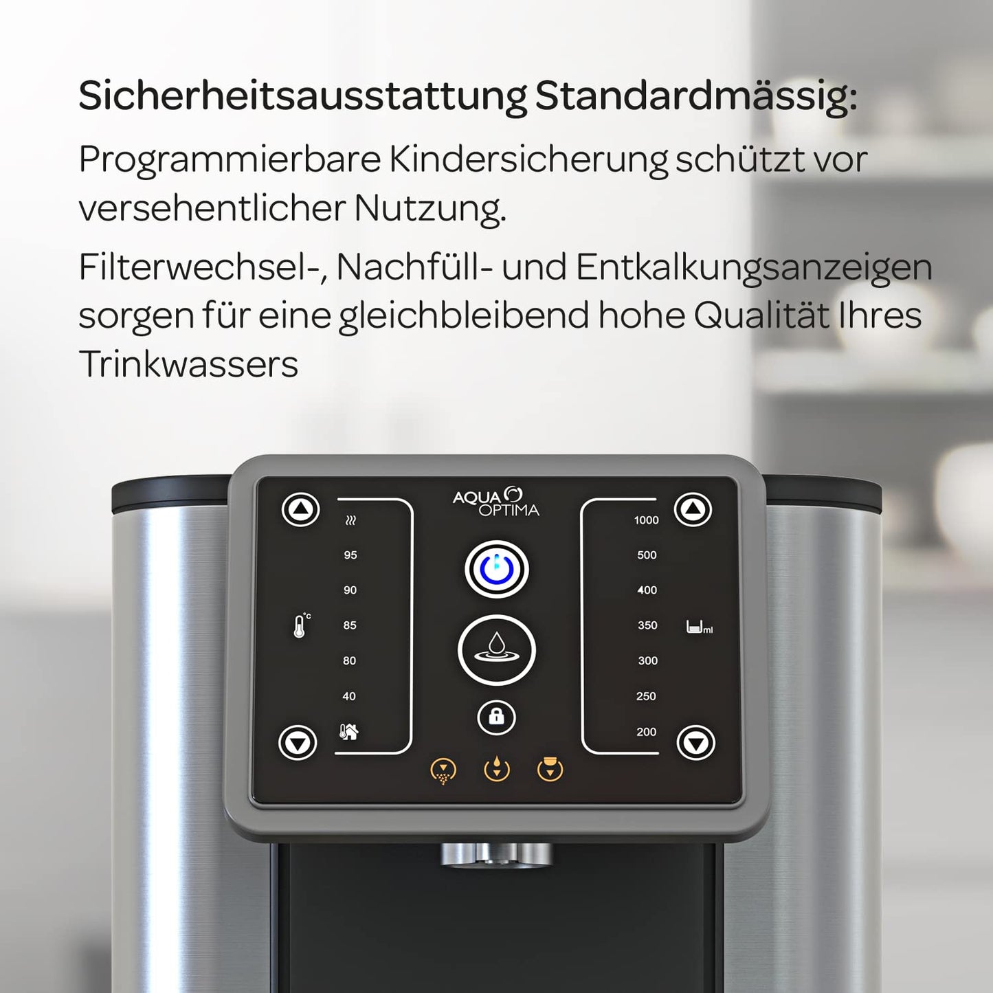 Aqua Optima Aurora Instant-Heißwasserspender, 3,8 Liter Fassungsvermögen, 49 Volumen- und Temperaturoptionen, mit Wasserfilter zur Reduzierung von Mikroplastik Verunreinigungen, Schwarz & Silber