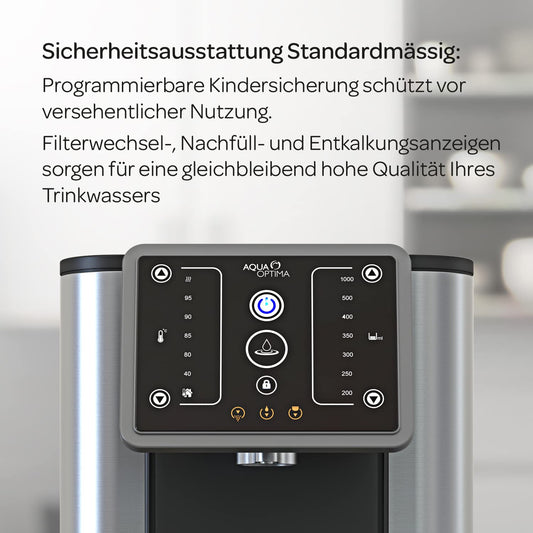 Aqua Optima Aurora Instant-Heißwasserspender, 3,8 Liter Fassungsvermögen, 49 Volumen- und Temperaturoptionen, mit Wasserfilter zur Reduzierung von Mikroplastik Verunreinigungen, Schwarz & Silber