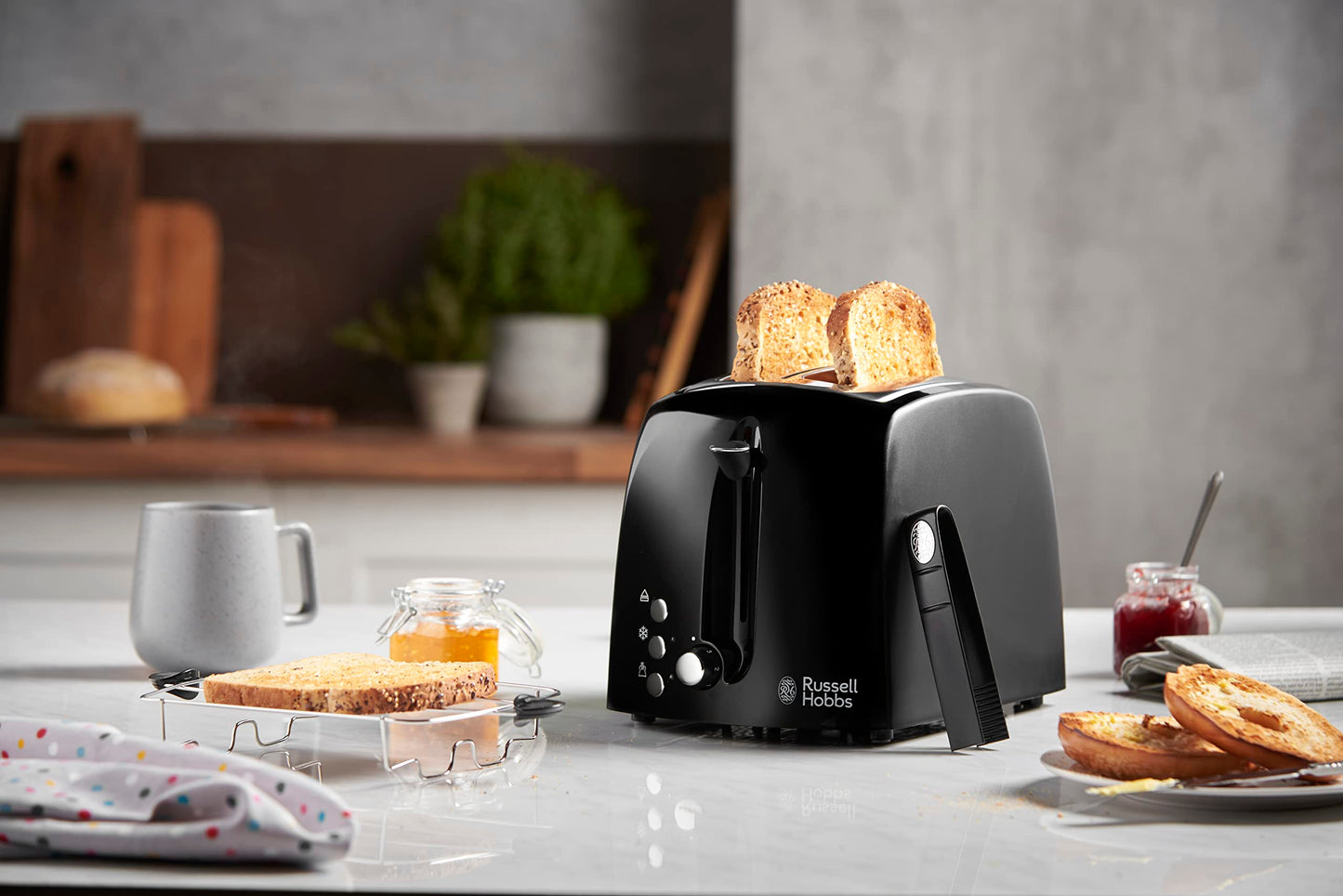 Russell Hobbs Toaster [für 2 Scheiben] Textures+ (extra breite Toastschlitze, inkl. Brötchenaufsatz & integrierte Toast-Zange, 6 Bräunungsstufen + Auftau- & Aufwärmfunktion, 850W) 22601-56