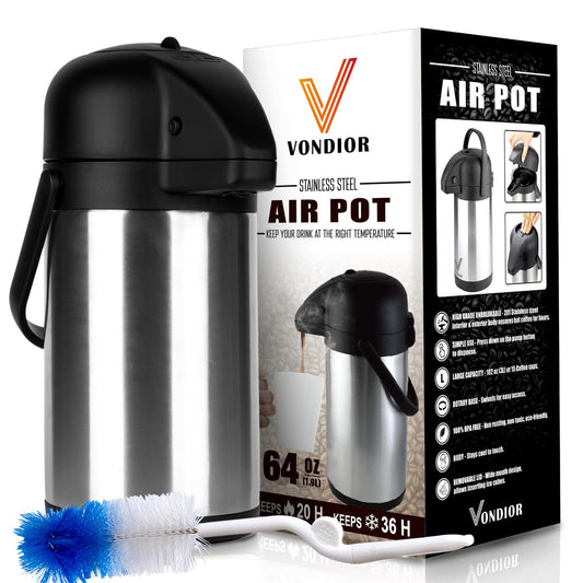 Vondior Airpot Pumpkanne 1,9 liters - Professionelle isolierte Kaffeekaraffe aus Edelstahl, Thermoskanne, Thermos-Getränkespender, Geeignet Für Partygetränke