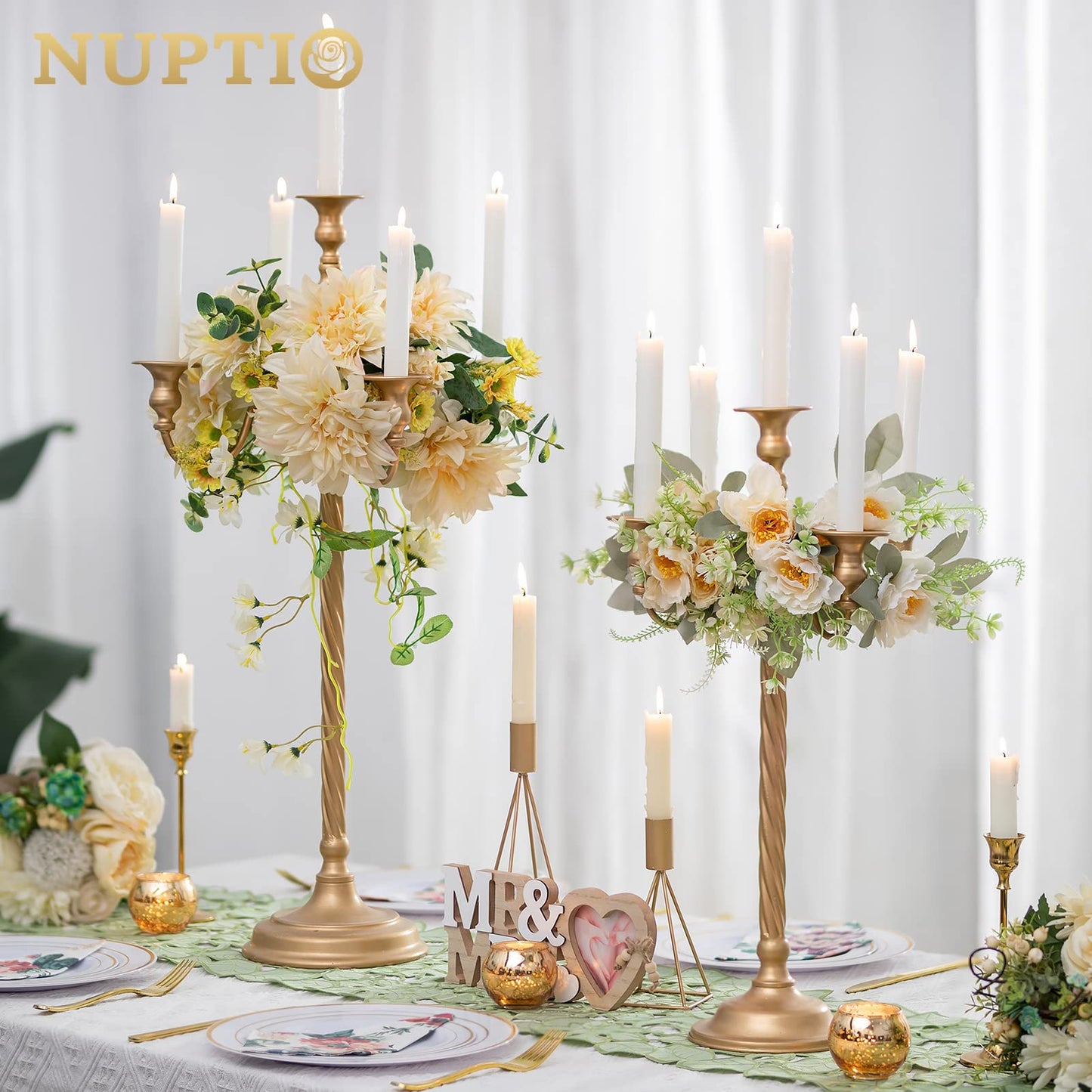 Nuptio Kandelaber Kerzenständer 5 Armig: 71cm Satz von 2 Kerzen Ständer Halter hoch, Gold Metall Kandelaber Kerzenhalter Retro für Home Hochzeit Weihnachten Halloween Geburtstag Jahrestag