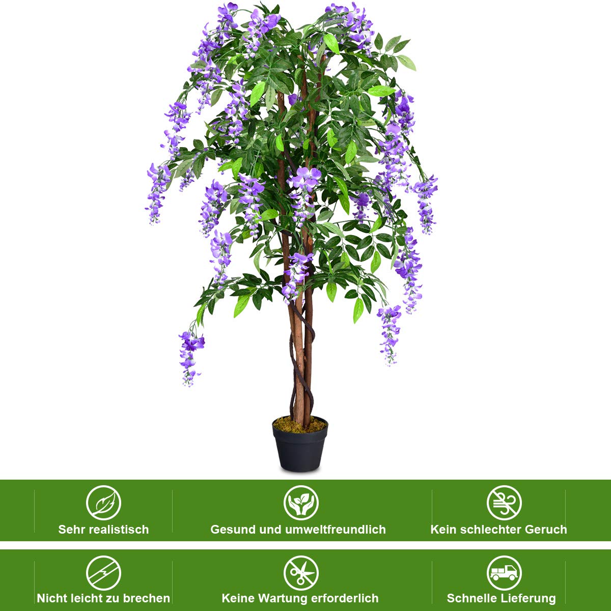 COSTWAY Kunstbaum mit Blüten, Kunstpflanze im Topf, Zimmerpflanze mit natürlichen Blättern & 3 Stämmen, Künstlicher Baum Kunstblume Lila, Dekopflanze künstlich, Zimmerpflanze Grünpflanze 150 cm