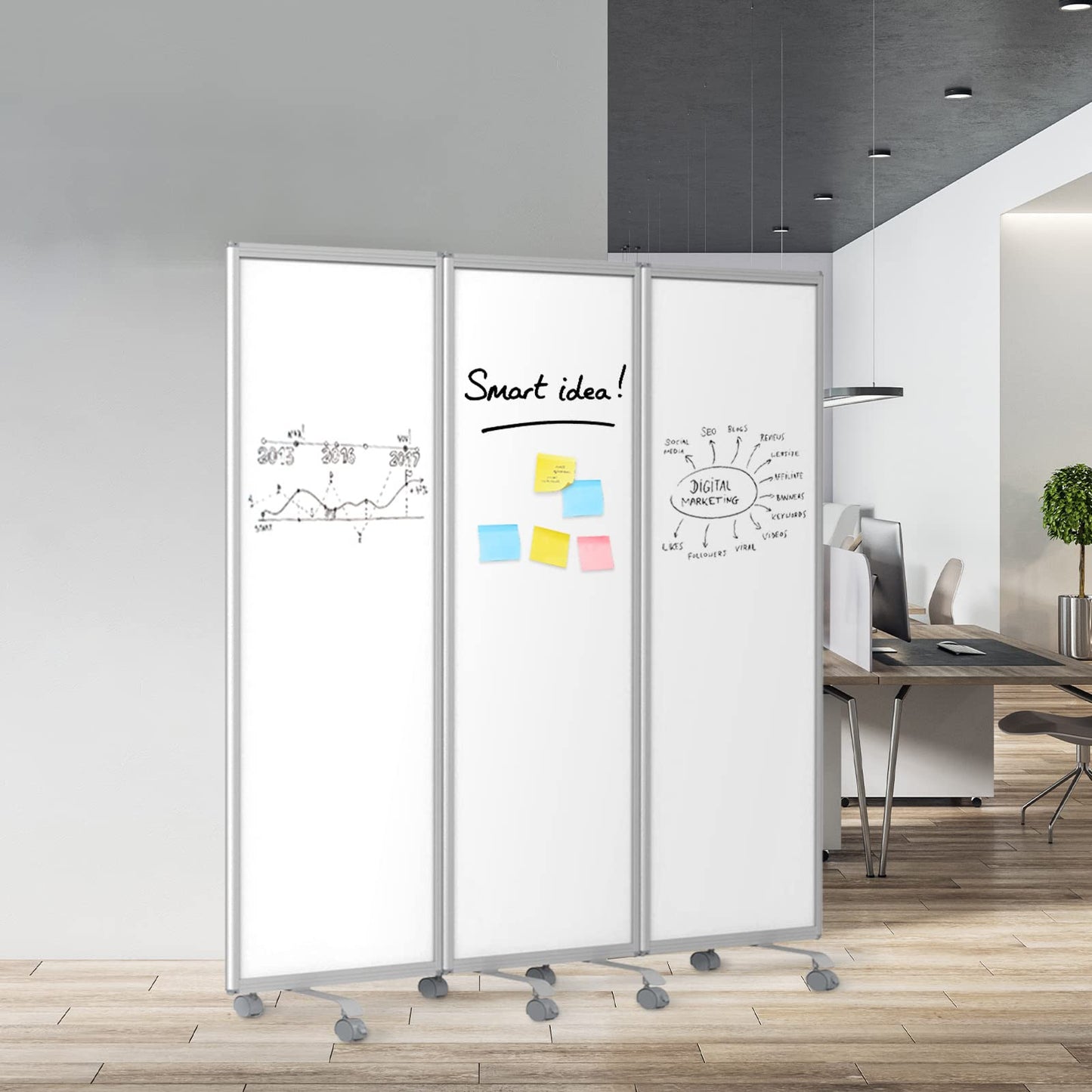 MoB Mobile Trennwand Raumteiler für Büro, Arbeitsplatz Innen faltbare & flexible Präsentationsboard mit beschreibbarer Oberfläche - Whiteboard - Magnetboard (Whiteboard einseitig, 180 x 180 cm)