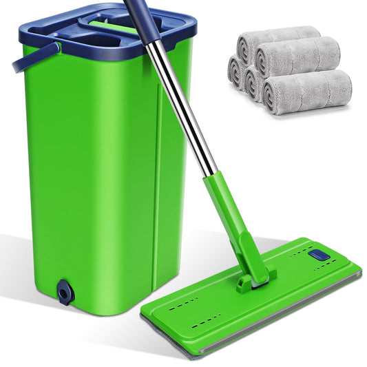 Myiosus Wischmopp Set mit Eimer, Bodenwischer, 2 in 1 Putzeimer mit Wischmop, 138cm Flachmopp für Bodenreinigung und Wandreiniger, 360° Wischmopp mit Auswringfunktion für Alle Böden-5 Mikrofaser Pads