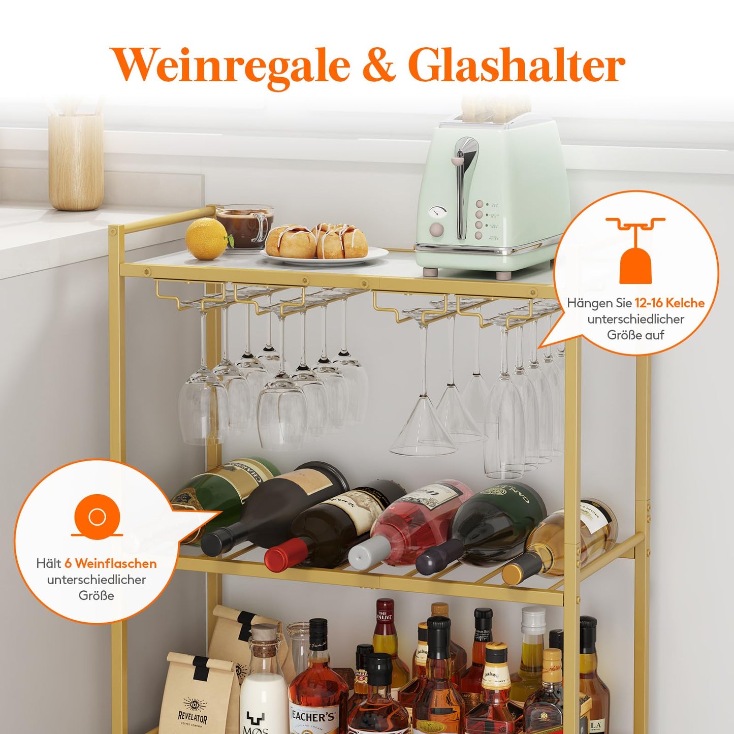 Lifewit Servierwagen, 3-stöckiger Barwagen mit blockierbaren Rädern, Weinregal und Glashaltern, Küchenwagen, Esszimmer, Wohnzimmer, 63,2 x 30 x 81,5 cm, Gold