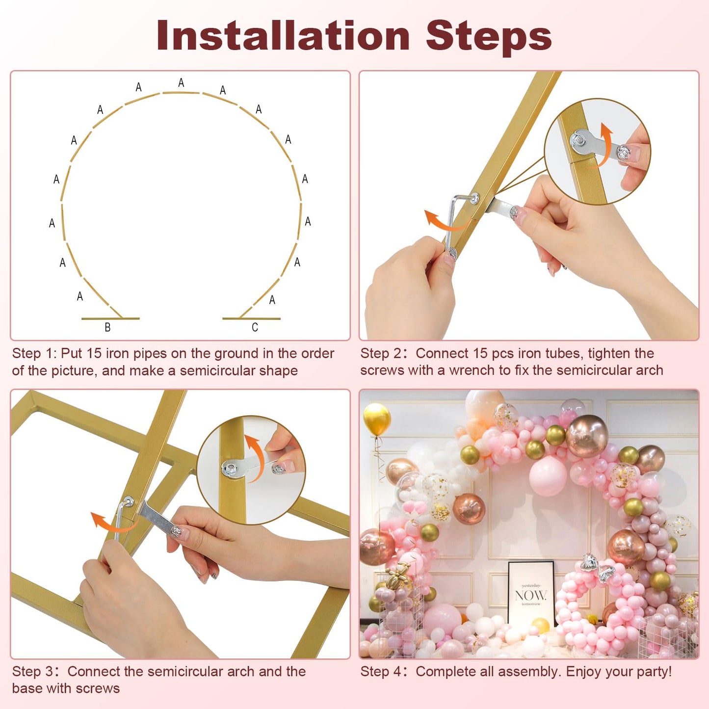 PlusFive 2,5M Hochzeitsbogen Gold Rundes Ballonbogen Kit Größ Metall Hochzeit Bogen Luftballon Bogen Gestell Ballon Ring Traubogen Ballon Girlande für Hochzeit Geburtstag Babyparty Dekoration