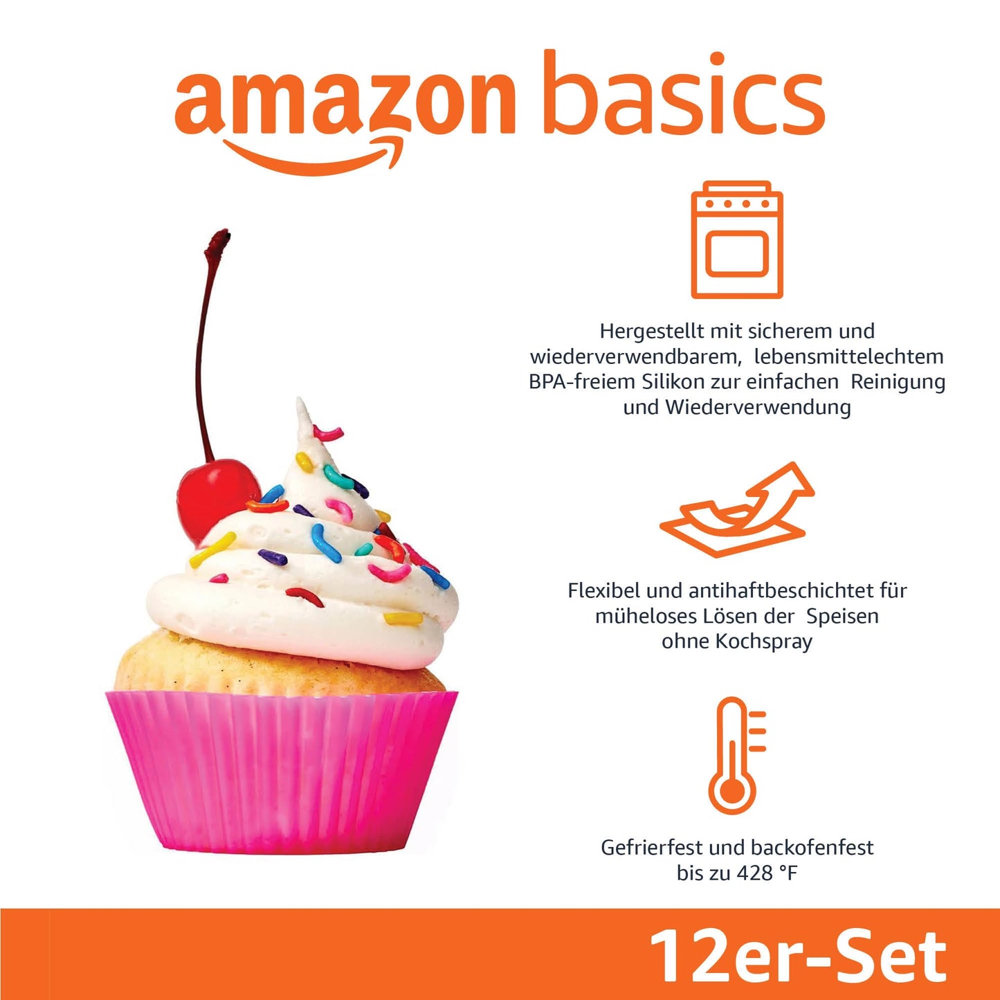 Amazon Basics Rund Wiederverwendbare Backförmchen aus Silikon, 12 Stück (backofenfest bis 220 °C), Mehrfarbig