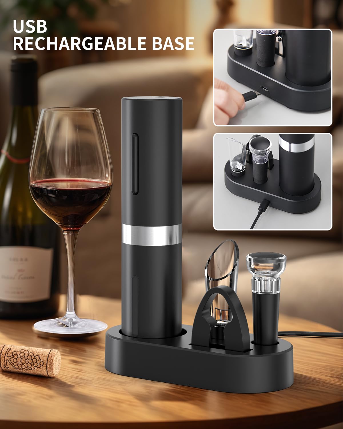 CIRCLE JOY Elektrischer Weinöffner-Set, Wiederaufladbares 5-in-1 Weinöffner-Geschenkset mit Ladestation, Folienschneider, Weinausgießer und Vakuum-Weinstopfen
