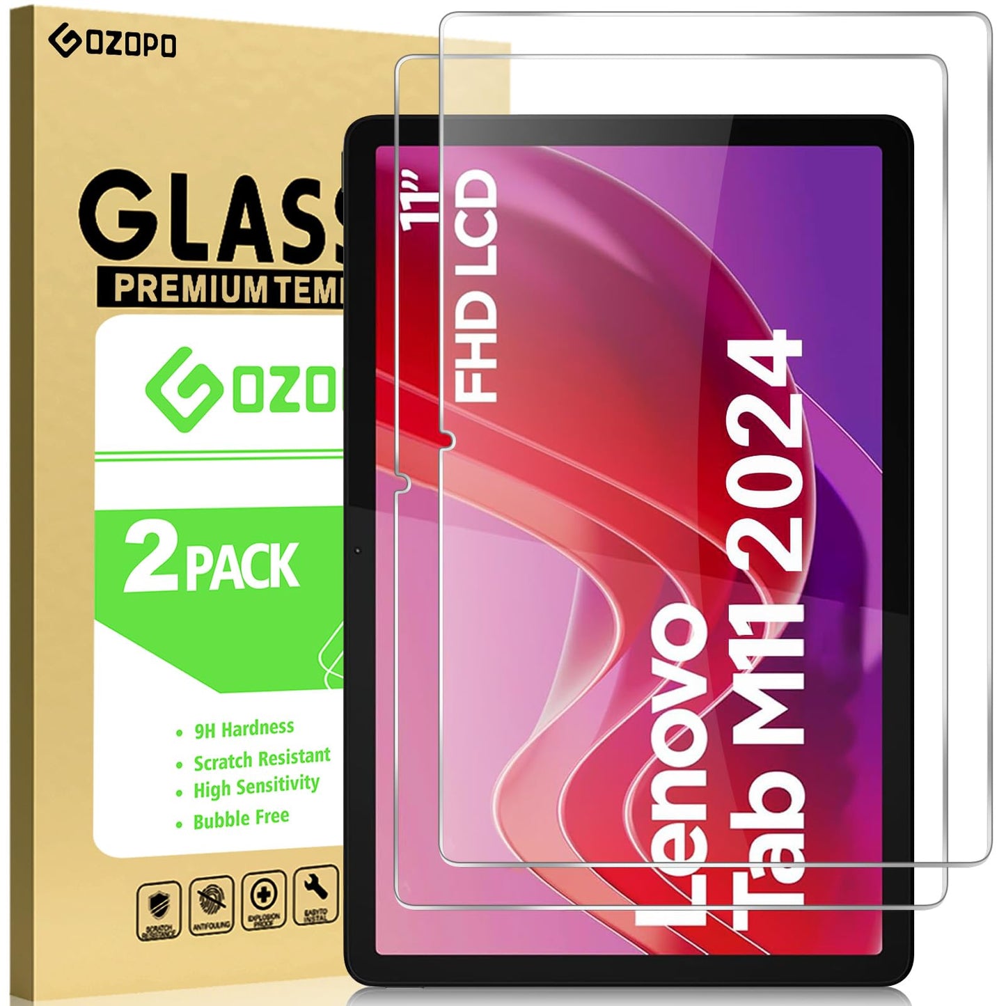 GOZOPO Schutzfolie für Lenovo Tab M11 / Tab K11 (2024) 11 Zoll, 9H Härte, hohe Auflösung, Kratzfestigkeit, keine Blasen [2 Stück]