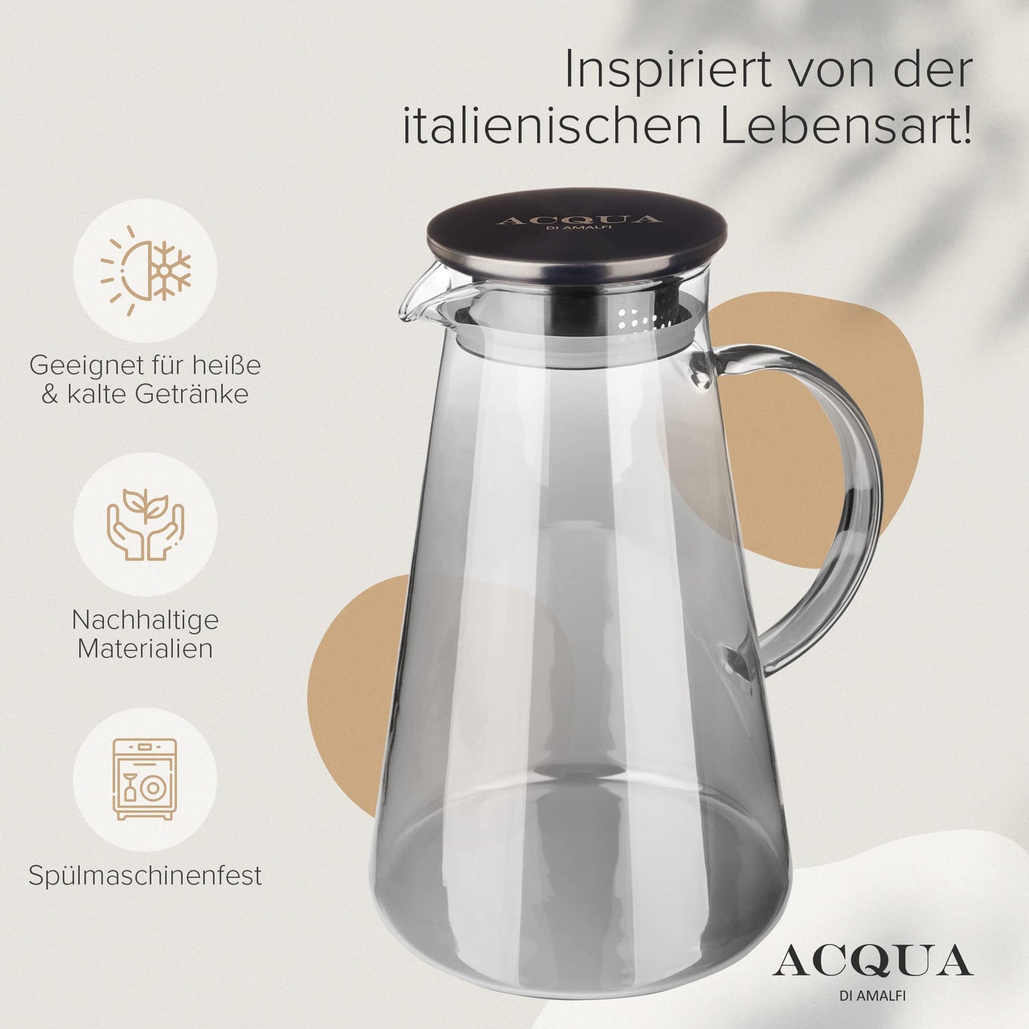 ACQUA DI AMALFI® Glaskaraffe | Wasserkaraffe 2 Liter mit Edelstahl/Bambus Deckel | Wasserkrug mit Fruchteinsatz | Auslaufsicher | Karaffe auch als Teekanne (BLACK/BLACK)