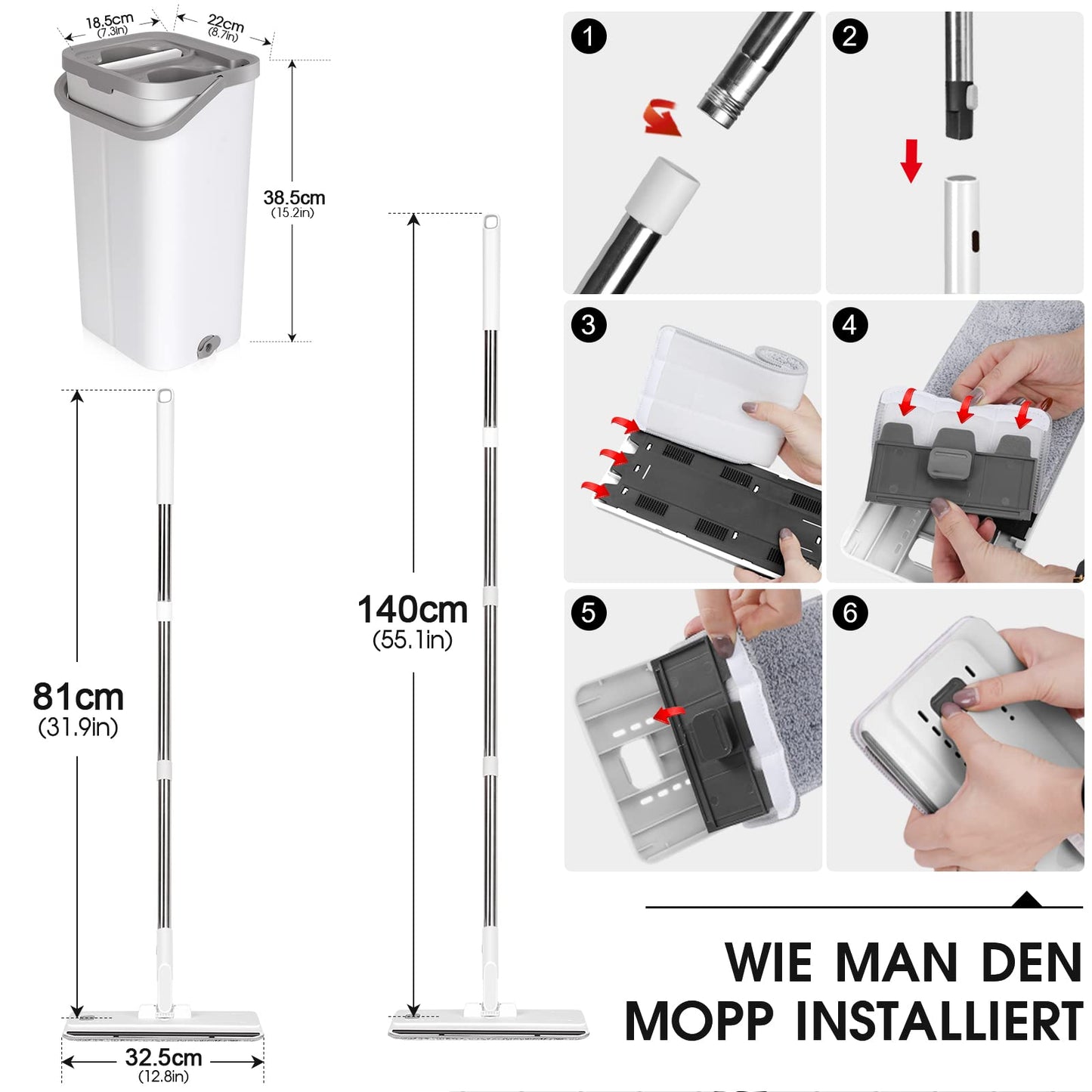 Wischmopp Set mit Eimer, MASTERTOP Bodenwischer Set mit Verstellbarer Griff und 10 Mikrofaser Wischpads, 2 in 1 Putzeimer and Wischmopp Set, Wischer mit Auswringfunktion für All Boden-Weiß