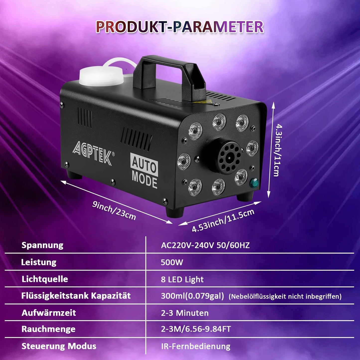 Nebelmaschine, AGPtEK Nebel Maschine mit kabelloser Fernbedienung UND LED Licht, 500 WATT Stabil & Tragbar, Passend für Halloween, Weihnachten, Hochzeitsfeiern & Bühnenauftritte usw