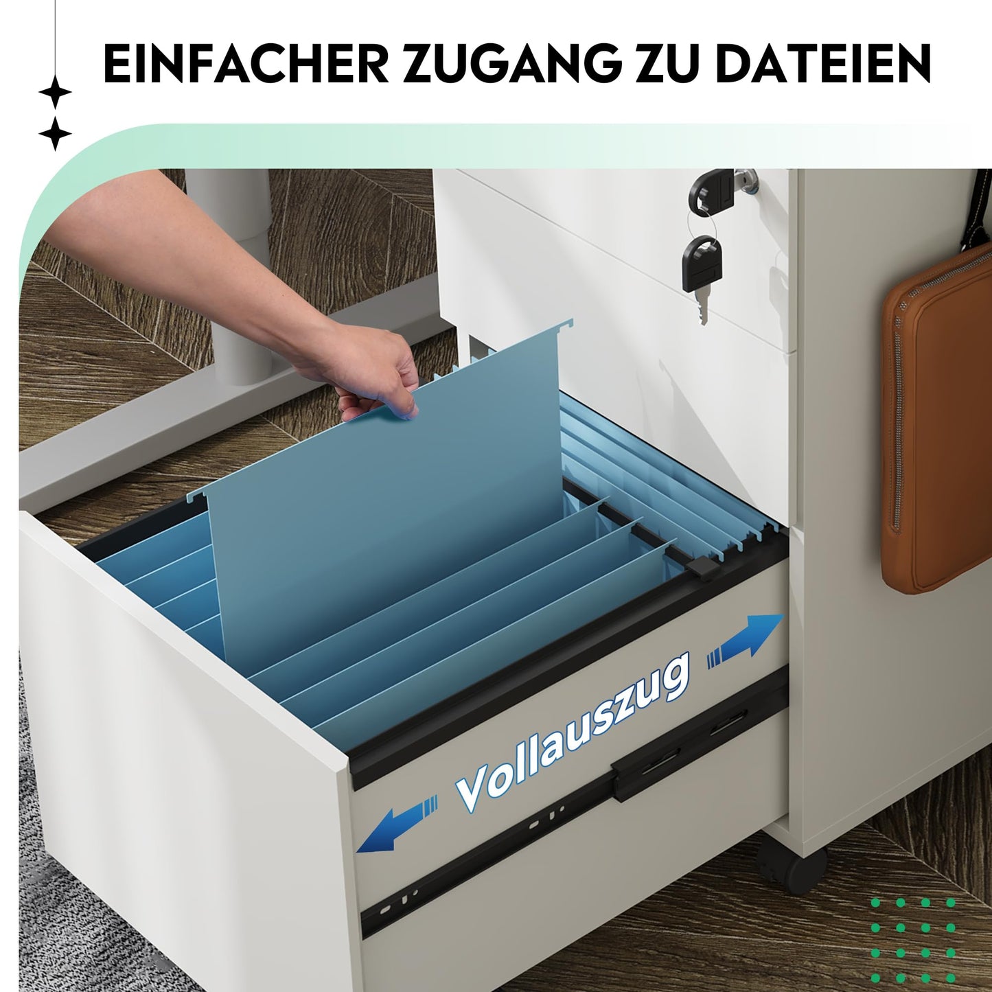 DEVAISE Rollcontainer, Aktenschrank Abschließbar mit 3 Schubladen, Büroschrank für A4/Legal/Letter, Kratzfest, Wasserdicht, für Home-Office, Weiß