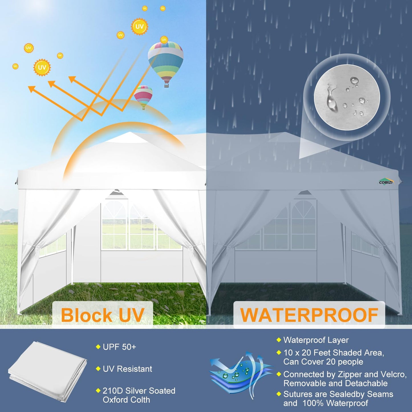COBIZI Faltpavillon 3x6 Pavillon wasserdicht Winterfest, Pop Up Pavillon Klappbar 3x6 Zelt mit 6 Seitenwnden|3 Höhenverstellbar|UV-Schutz|Gardenpavillon Partyzelt 3x6 für Markt, Freien Event, Weiß