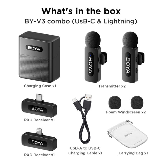 BOYA by-V3 Combo Mini Wireless Lavalier Mikrofon, ansteckmikrofon kabellos für iPhone/Android/PC/Laptop with USB-C/Lightning, Noise Cancellation, 36H Power for Video Recording, Streaming