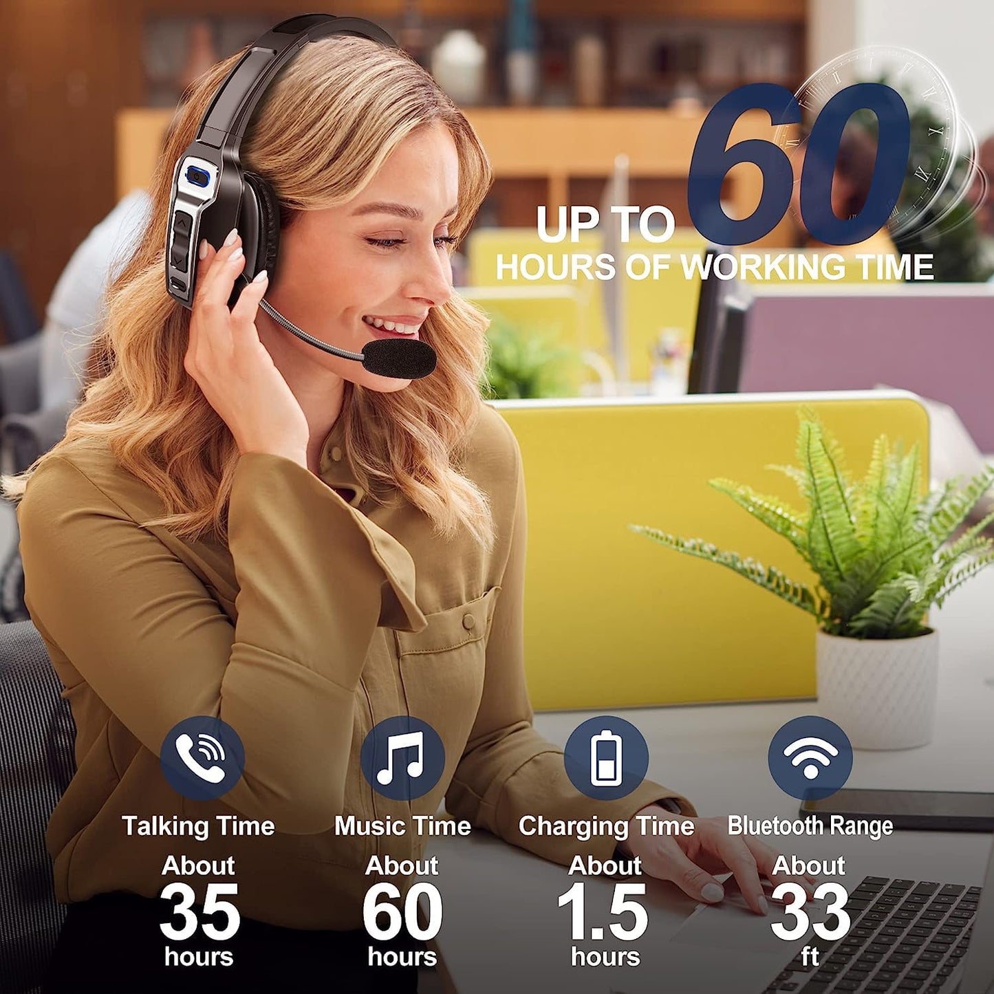 Yukigefe Bluetooth Headset mit Mikrofon, V5.2 Wireless Headset mit AI Noise Cancelling Taste, Wireless On-Ear Kopfhörer 60 Hrs Arbeitszeit, für Trucker Home Office Remote Work Zoom