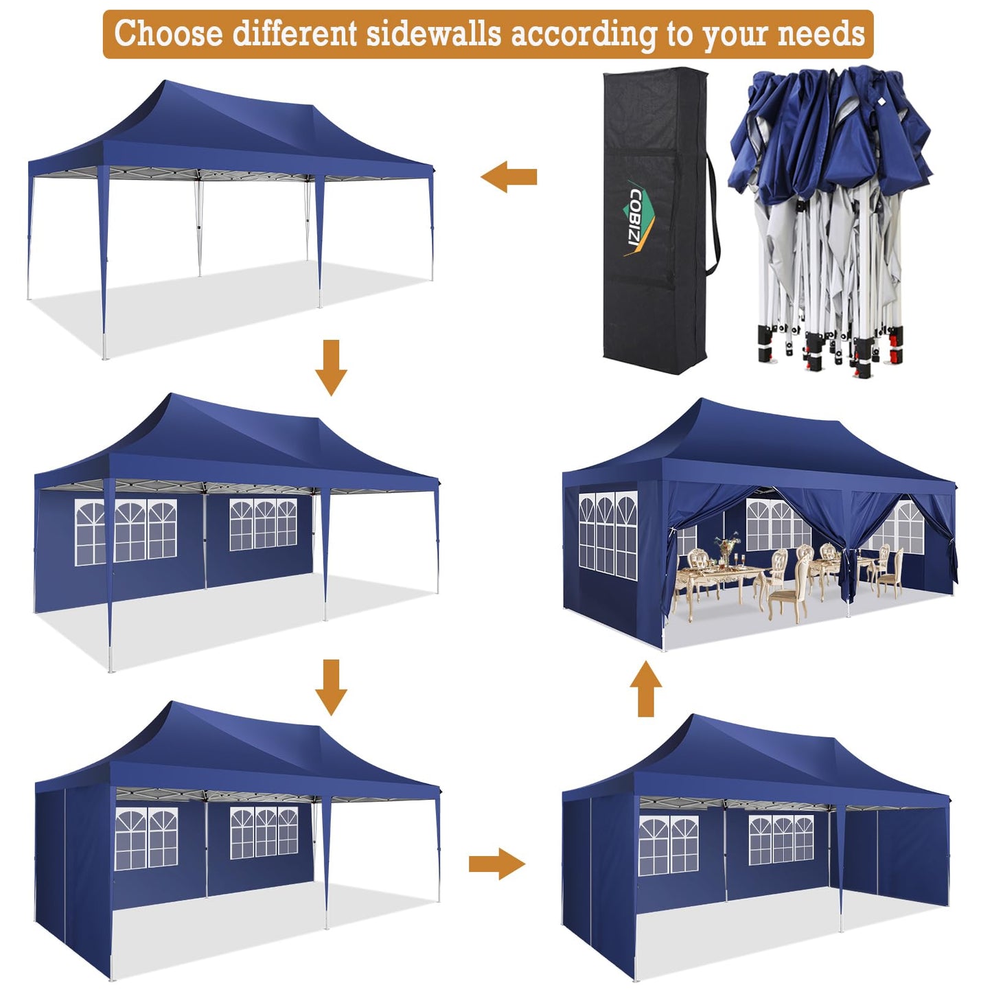 COBIZI Pavillon 3x6 Faltpavillon Wasserdicht Stabil mit 6 Seitenteilen Kegelförmig Partyzelt 3 Höhenverstellbar UV-Schutz Tragetasche Zelthering, Seile für Garten, Hochzeiten, Markt, Freien Event