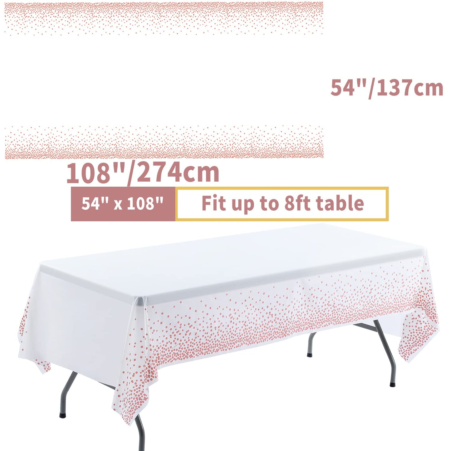 2 Stück Rose Gold Dot und Weiß Party Tischdecke Rechteckiger Rose Gold Dot Confetti Geburtstag Tischdecke für Geburtstag, Braut Shower, Jahrestag, Hochzeit 108"x 54"