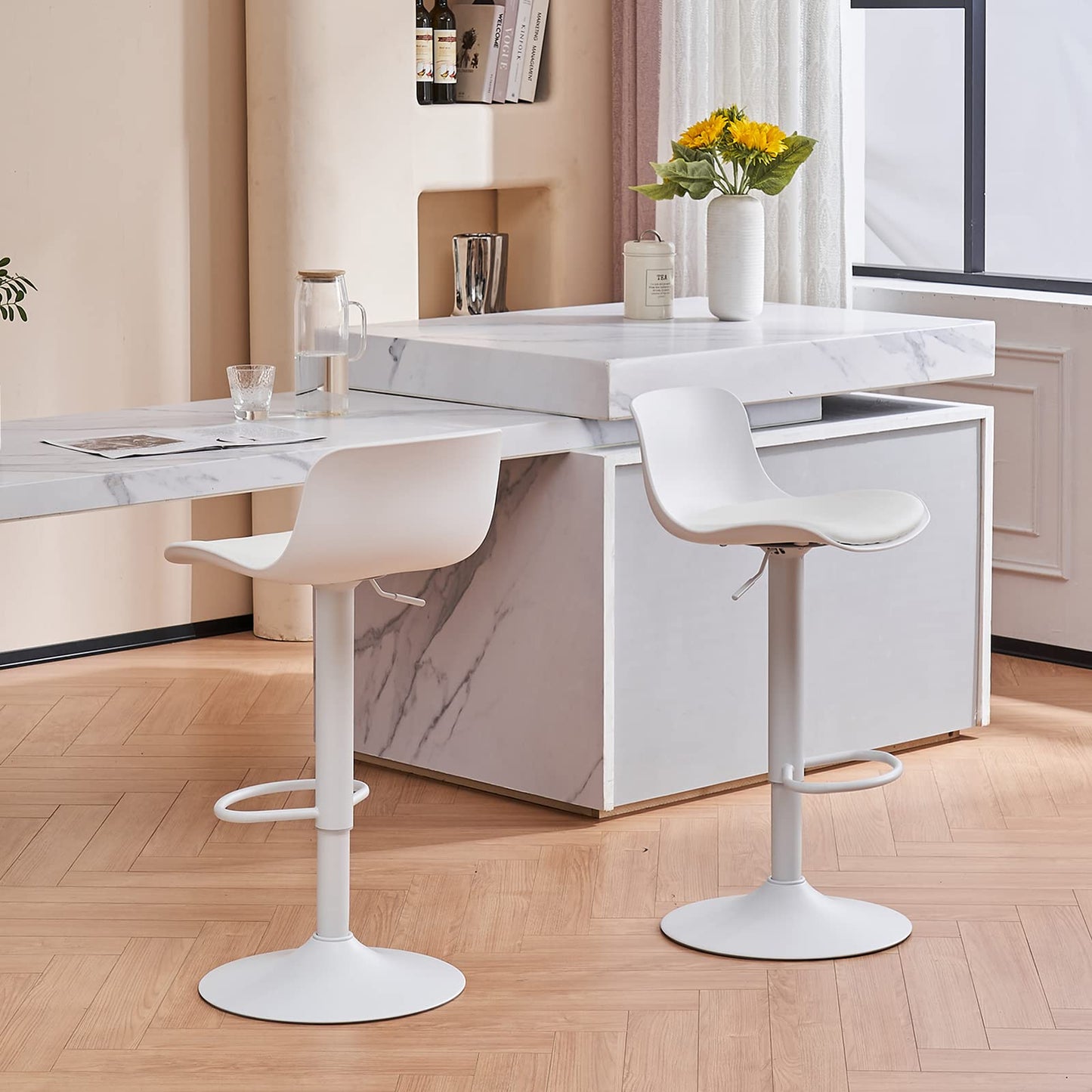 YOUNIKE Barhocker Weiß Barstühle 2er Set, Bar Stool Höhenverstellbar Drehstuhl, Küchenstühle Tresenstuhl mit Rückenlehne, Hohe Barhocker für Bartheke Küche