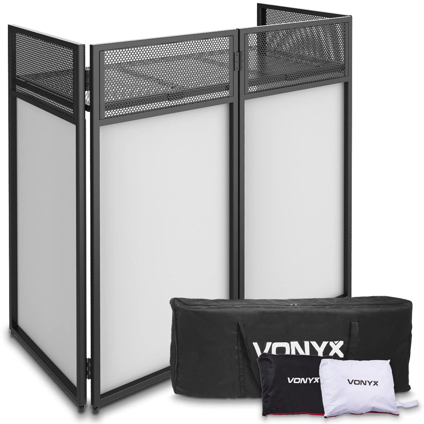 Vonyx DB4 Pro DJ Pult, faltbares DJ Tisch Mobil, Klappbar, DJ Booth mit weißer und schwarzer Verkleidung, mobiler DJ Stand, DJ Equipment für mobile DJs auf Feierlichkeiten