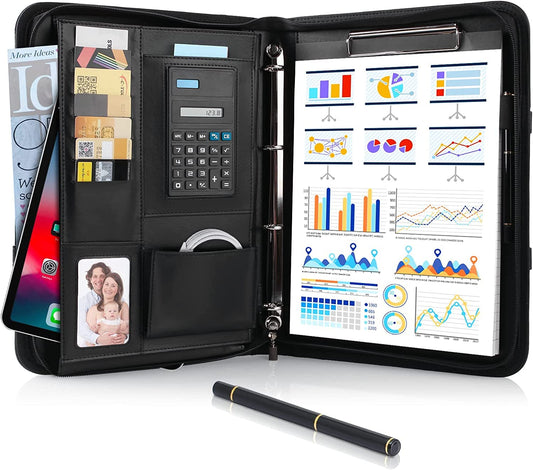Schreibmappe A4, Konferenzmappe Leder, Dokumentenmappe mit Reißverschluss, Wasserdicht Aktenmappe mit Ringbuch Klemmbrett Notizblock, Portfolio Padfolio Mappe für Business Meeting, Schwarz