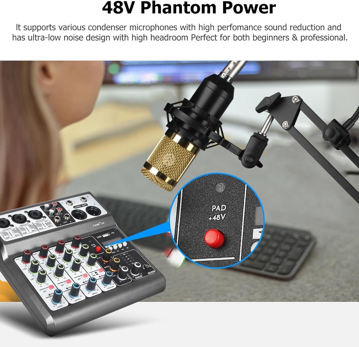 Aveek Professioneller Audio-Mixer, Soundboard-Mischpult mit 5-Kanal-Digital-USB-Bluetooth-Hall-Delay-Effekt, Eingang 48 V Phantomspeisung, Stereo-DJ-Mixer für Aufnahmen, Live-Streaming, Podcasting