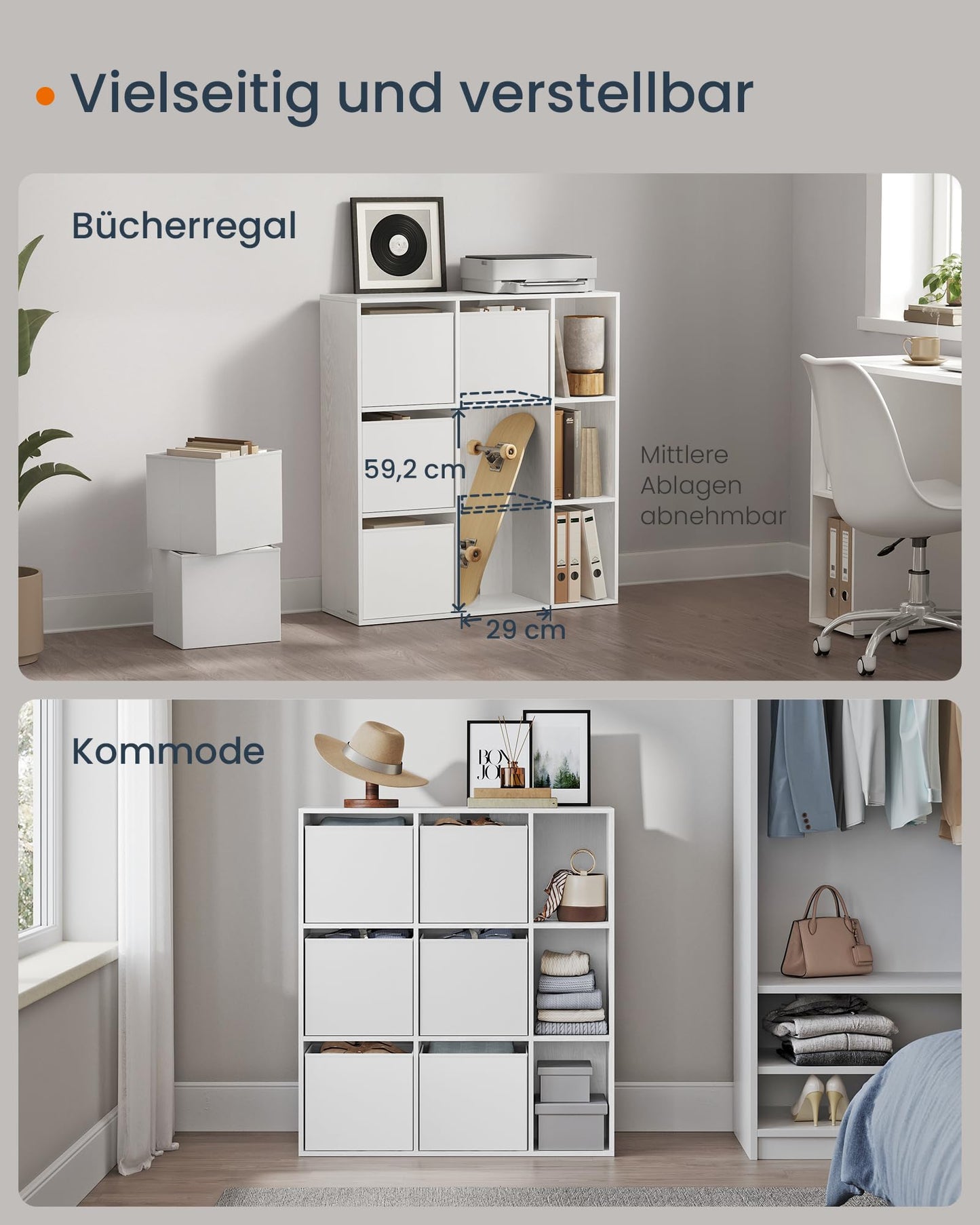 SONGMICS HOME 9-Fächer-Bücherregal, Schneeweiß, Werkzeugloses Würfelregal mit 6 Stoffschubladen, Flexibler Organizer für Wohnzimmer und Büro
