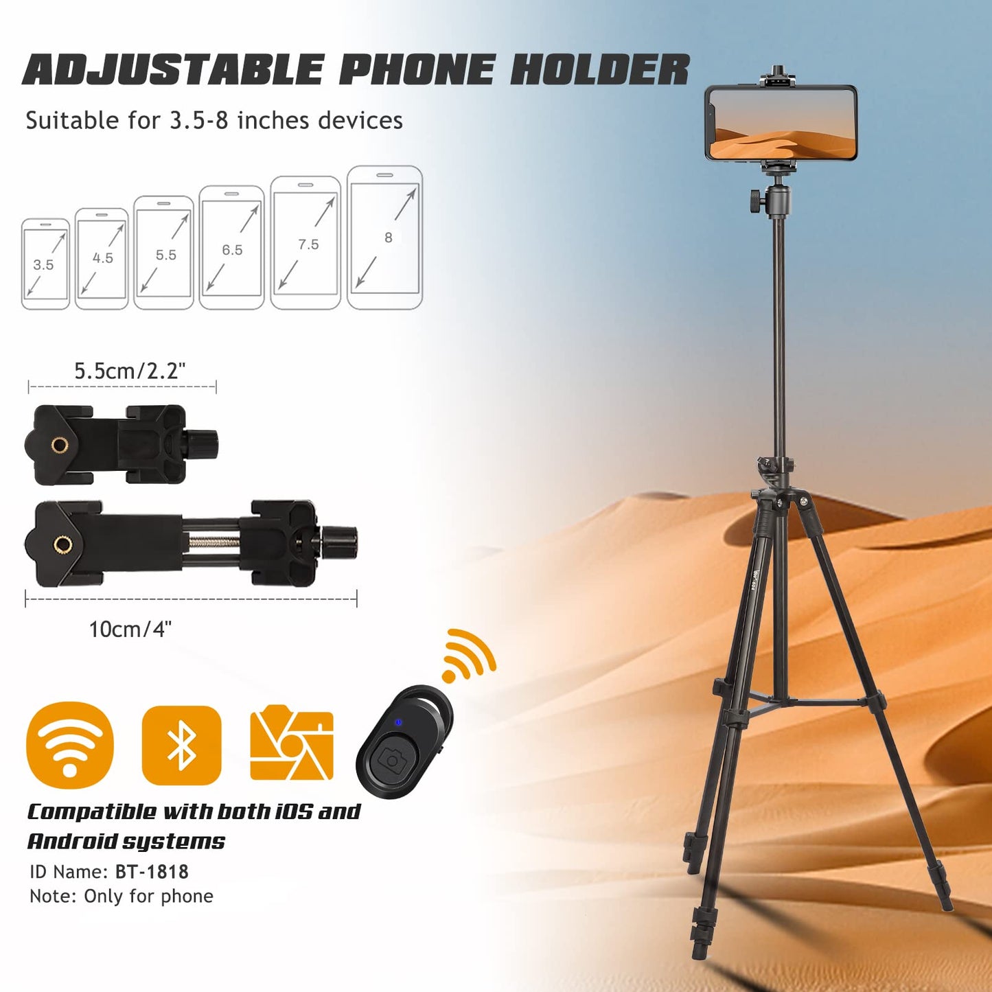 Handy Stativ, 167 cm Horizontal iPhone Stativ mit 360° Verstellbarem Kugelkopf und Fernbedienung für Kamera/iPhone/Webcam, Stativ für Videoaufnahmen mit Verlängertem Arm/Cliphalterung (Black)