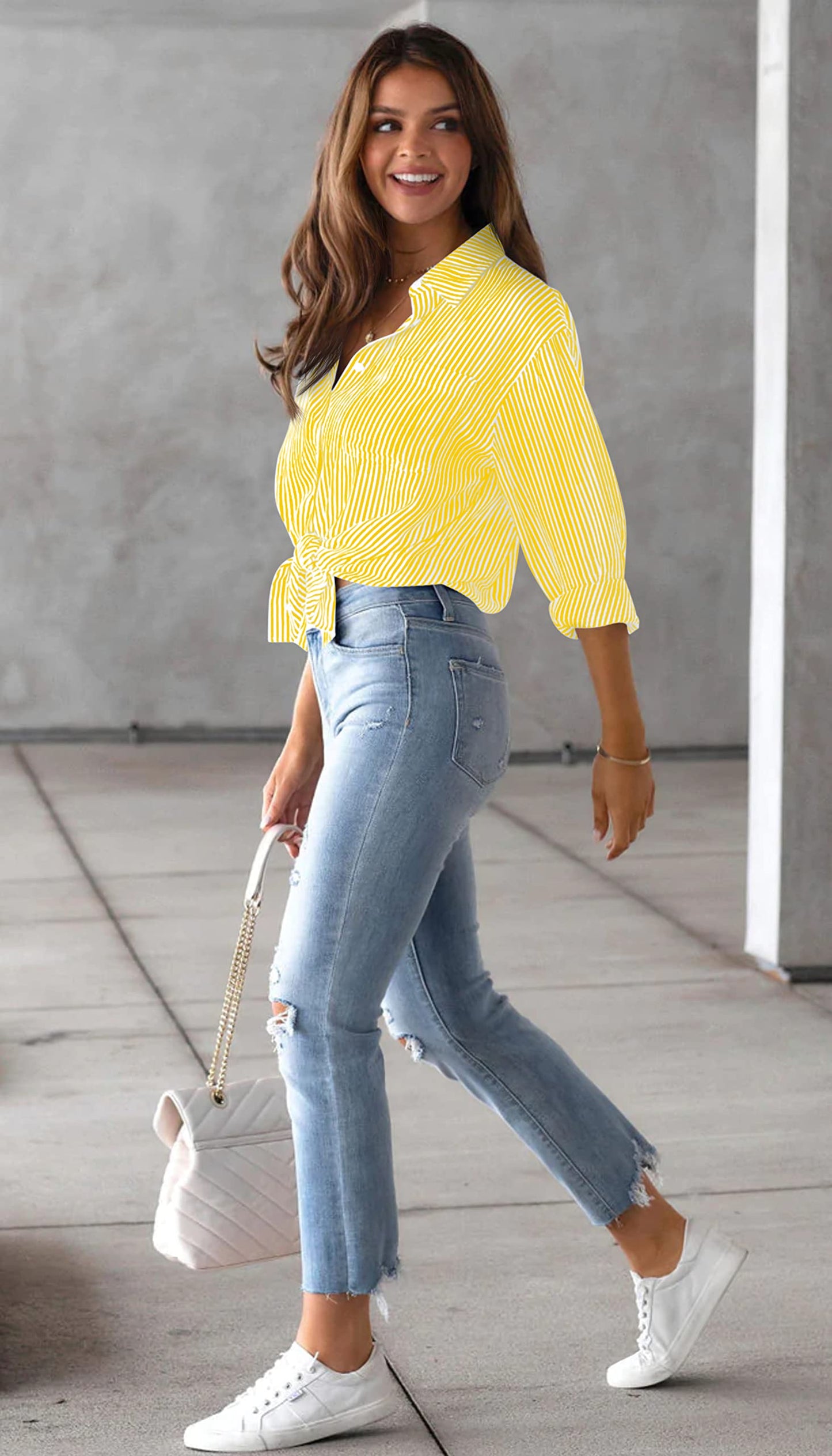 NONSAR Bluse Damen Elegant Langarm Streifenbluse Hemden mit Knöpfen Casual Büro Arbeit Blusen Baumwolle Tunika Hemd Oberteile Tops(9359M,Gelb)