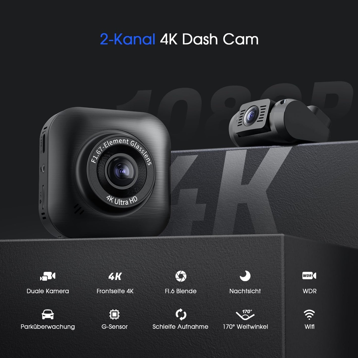 Dashcam Auto Vorne Hinten 4K/1080P WiFi Dash Cam, Dual Auto Kamera mit Parküberwachung, Super Nachtsicht, WDR, 170° Weitwinkel, G-Sensor, Loop-Aufnahme, APP Steuerung,24Std.Parküberwachung