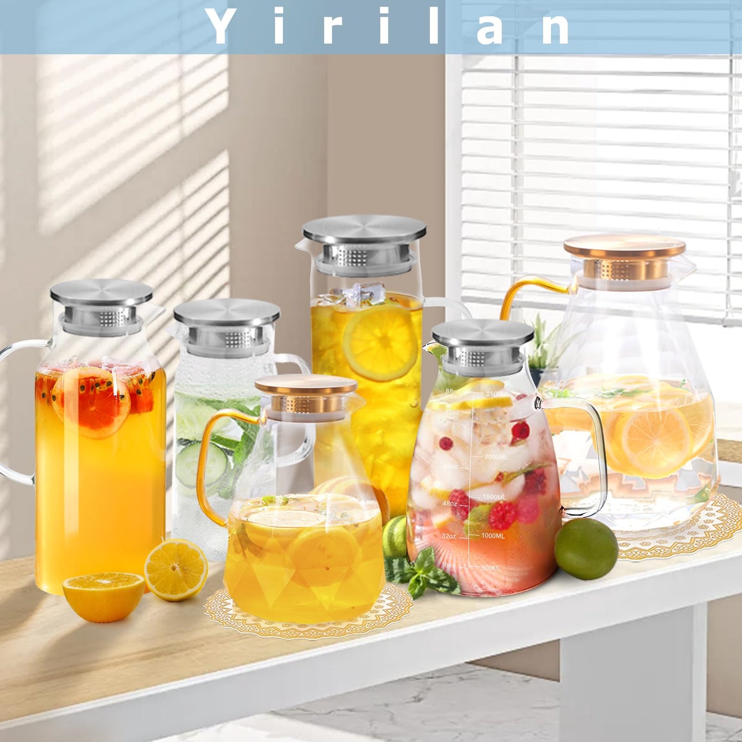 Yirilan 2 Liter 71 Unzen Karaffe,Glaskaraffe,Glaskanne,Wasserkaraffe mit Deckel,Karaffe Glas mit Deckel,Wasserkrug,Glaskrug,Wasser Karaffen