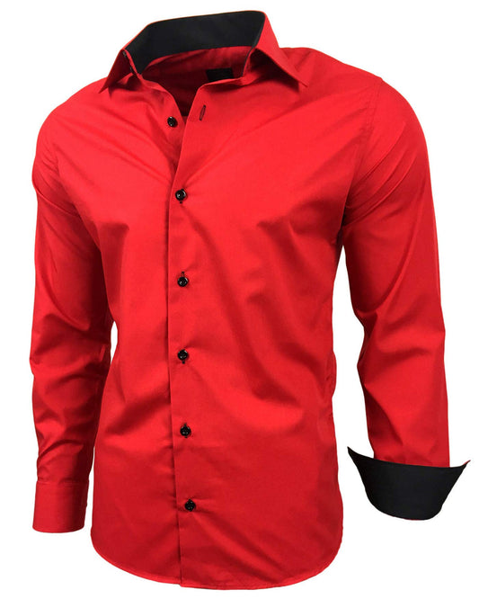 Baxboy Herren-Hemd Slim-Fit Bügelleicht Für Anzug, Business, Hochzeit, Freizeit - Langarm Hemden für Männer Langarmhemd R-44, Farbe:Rot, Größe:M