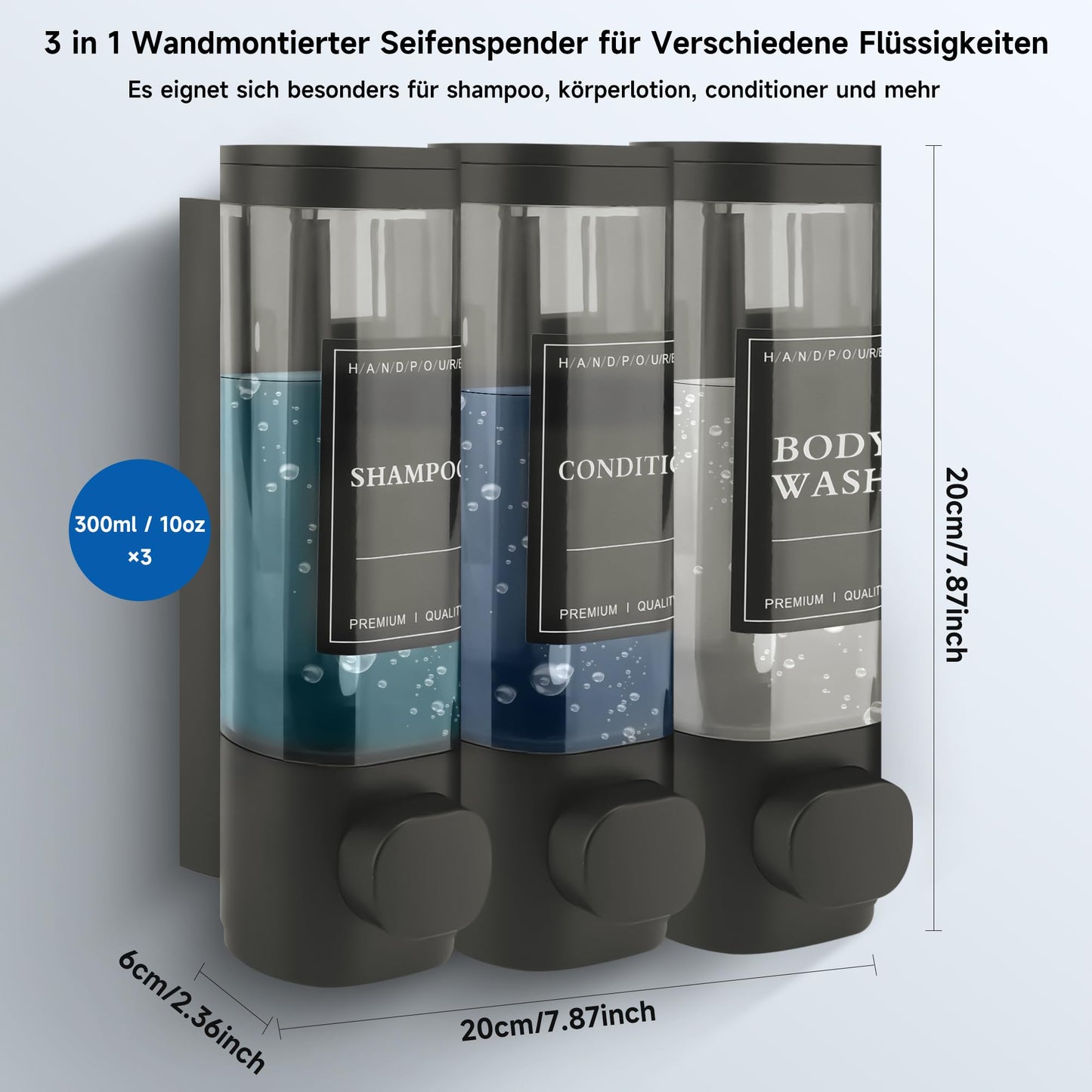 MEKOTRIN Seifenspender Wandbefestigung mit 3 Kammern – Wandmontage ohne Bohren oder Schrauben, Nachfüllbarer Duschgelspender 3×300 ml – ABS Kunststoff, Grau, ideal für Bad, Küche & Hotel